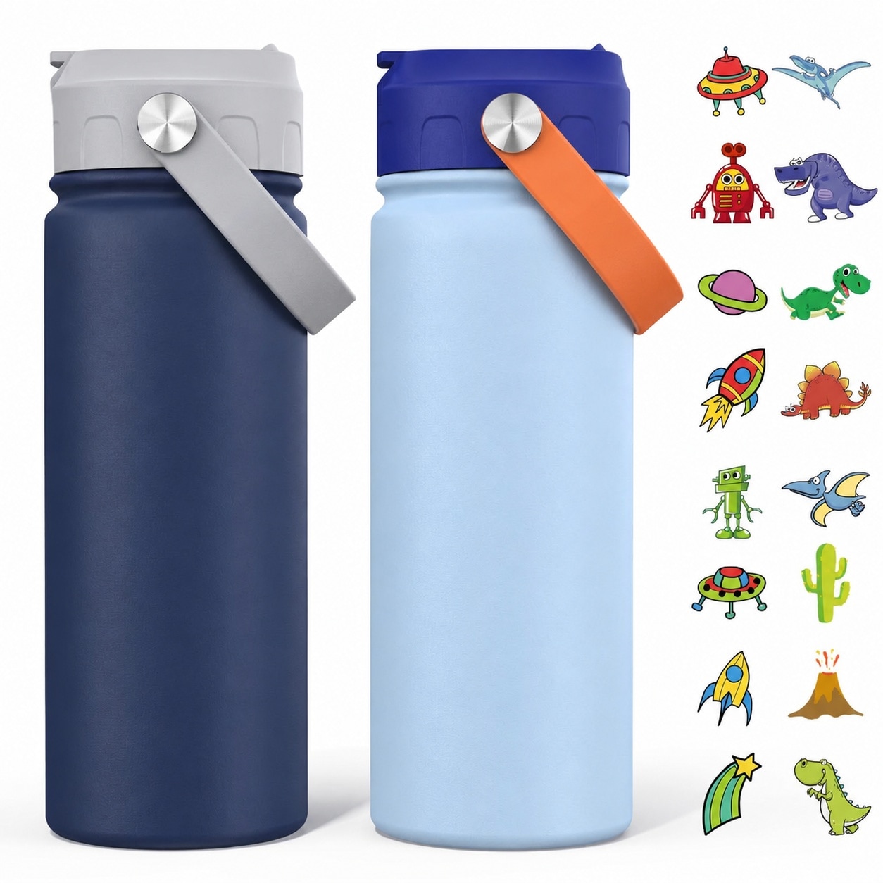 Justincity  2 Pack 18oz Kids Water Bottle Stainless Steel Vacuum Insulated Leak Proof Straw Cup with Fun Stickers Dust Proof Lid for School