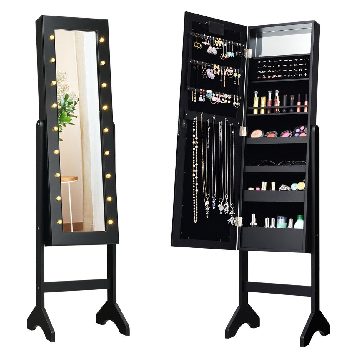 Volenca Mirrored Freestanding Jewelry Armoire Cabinet Organizer 57-in H with 18 Warm LED Lights and Velvet-Lined Storage Interior
