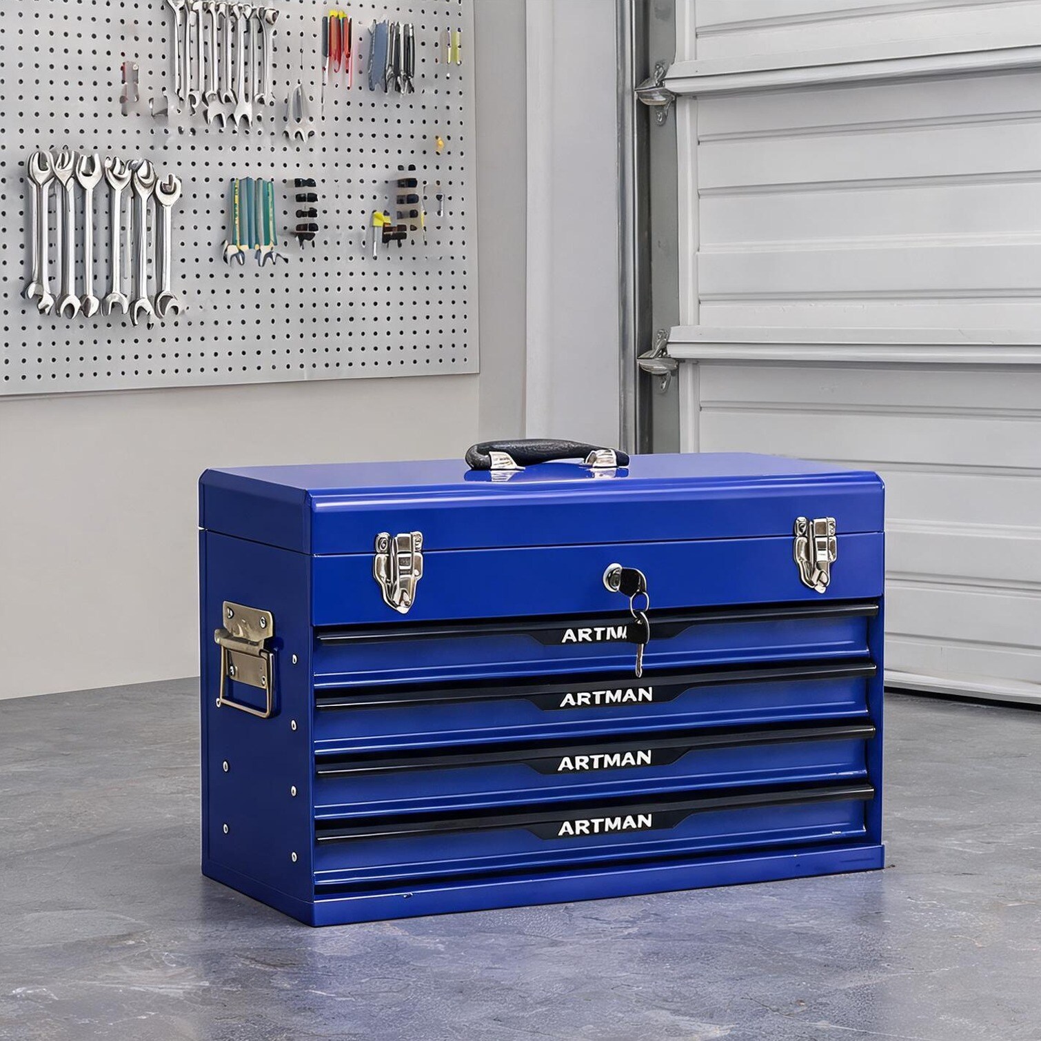 SunJet Garage Workshop Steel Portable Tool Chest with Drawers Matte Black Blue Lockable