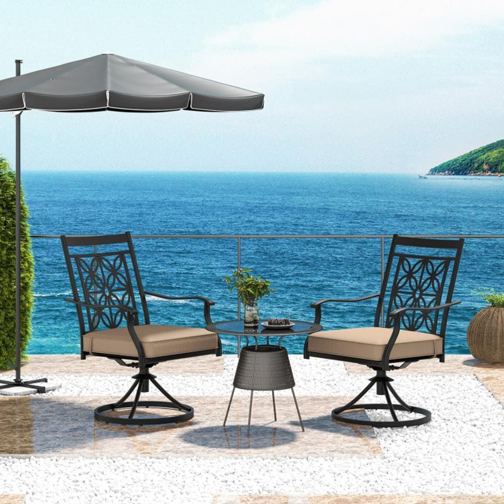 BABOOM BOM-W71588-CO Patio Swivel Chair Set of 2 Black Metal Frame Swivel Dining Chair with Brown Polyester Cushioned Seat