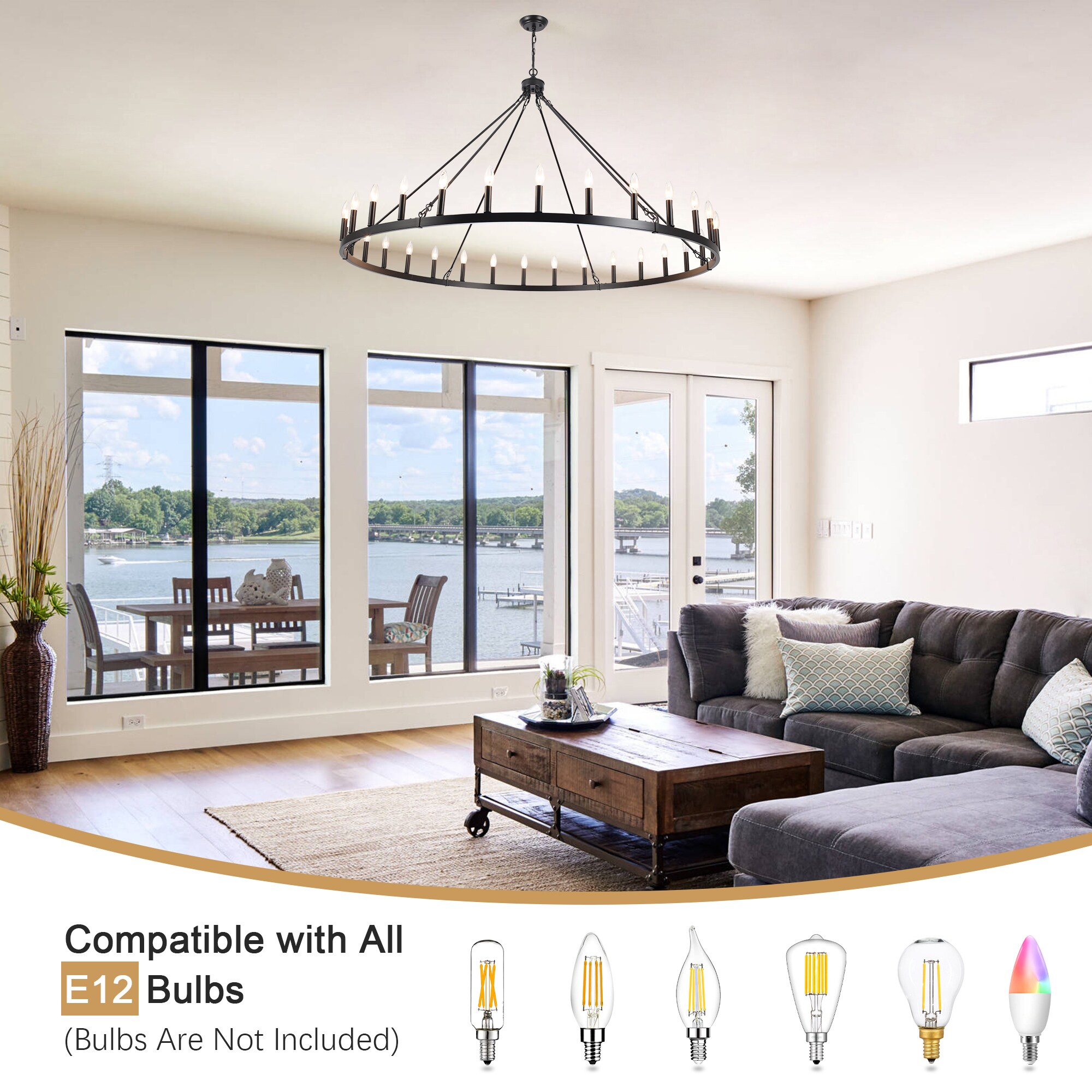 Zjvaive 60 Inch 30 Light Bare Bulb Rustic Farmhouse Matte Black Large ...