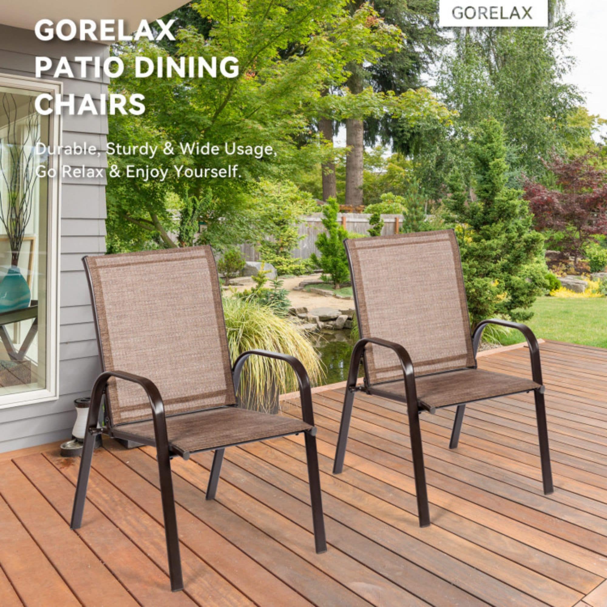 Clihome with Armrest Set of 2 Brown Steel Frame Stationary Dining Chair with Brown Sling Seat