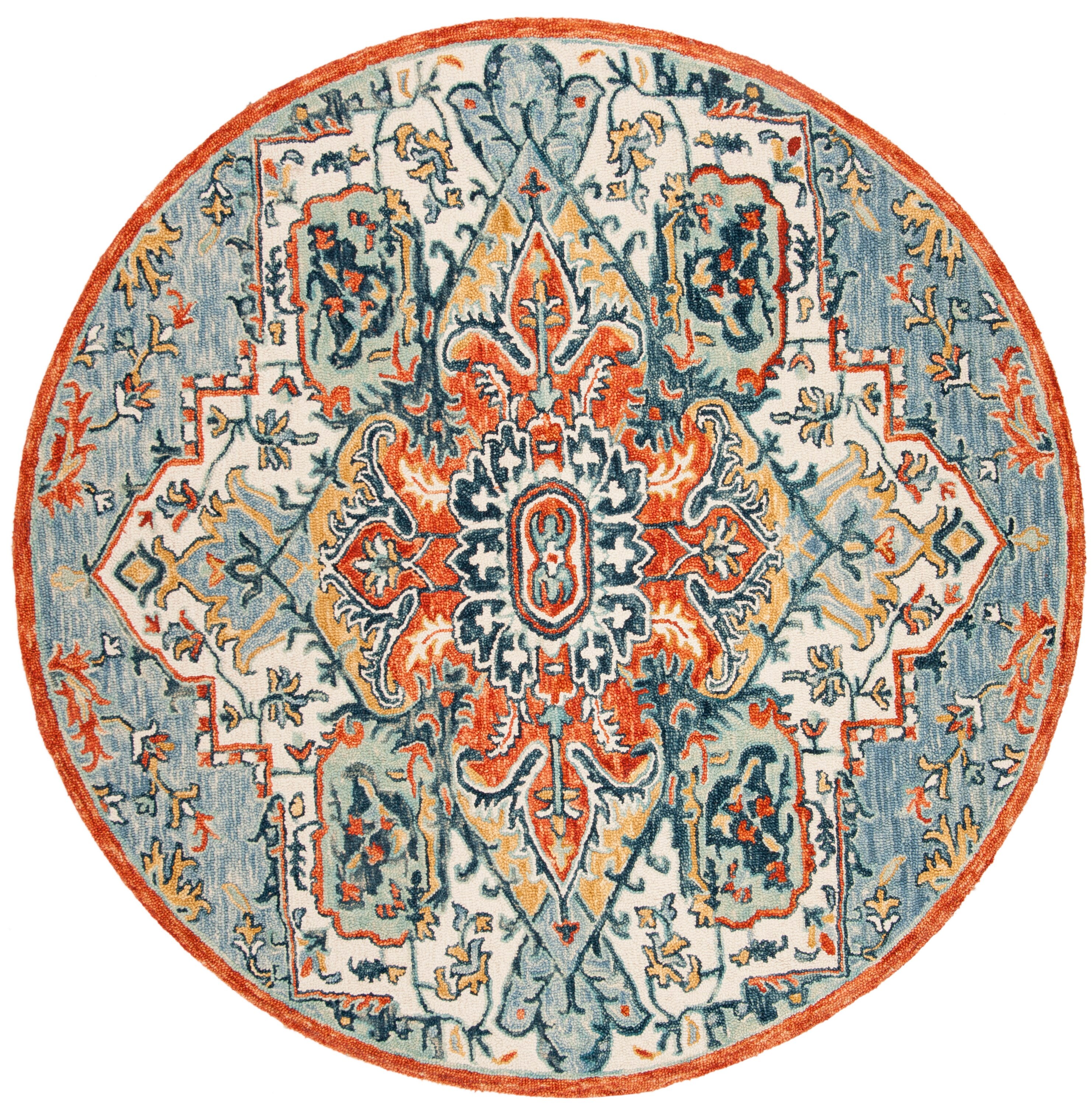Blue and Rust Round Tufted Wool Floral Rug