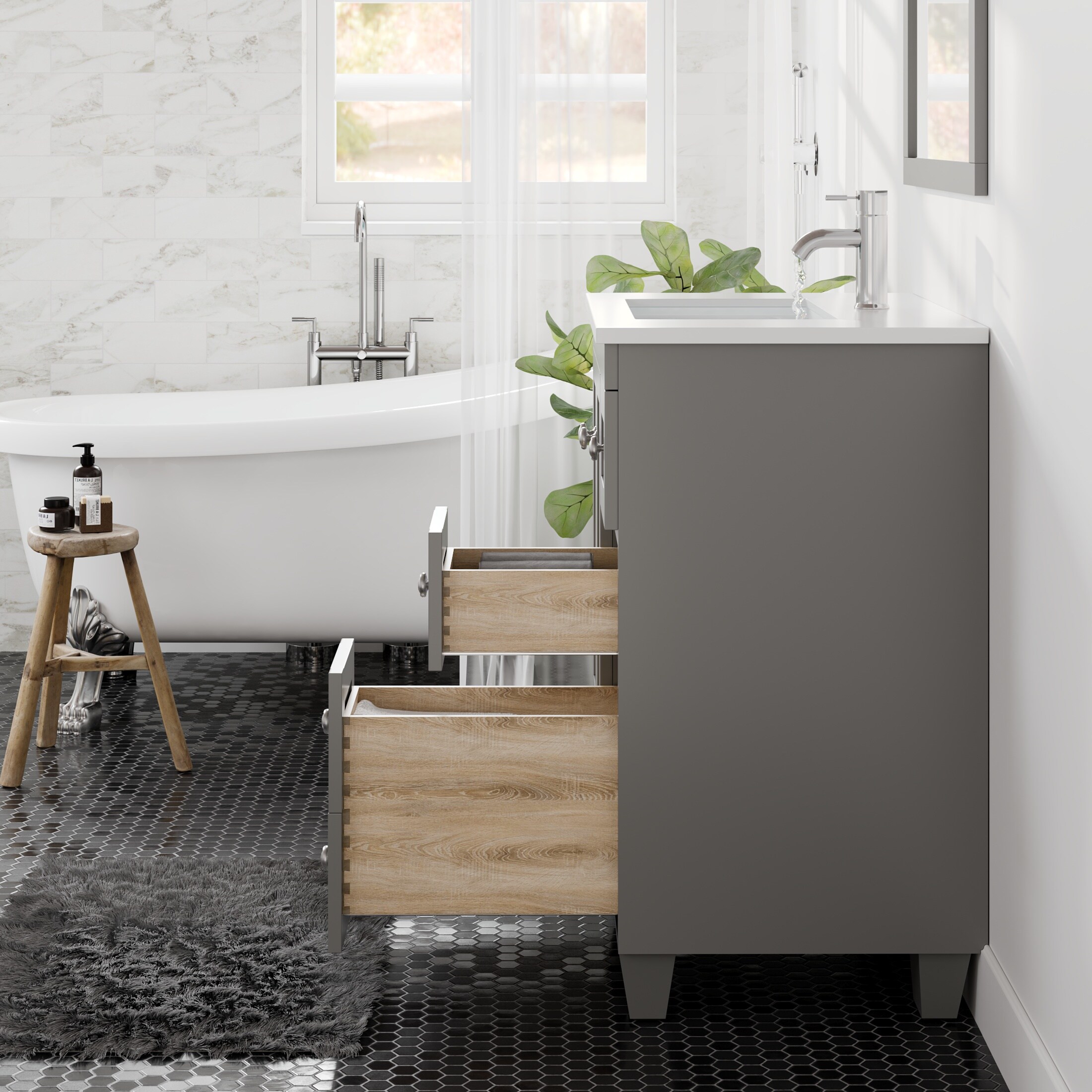 Gray Solid Wood Bathroom Vanity with White Quartz Top, 24-inch