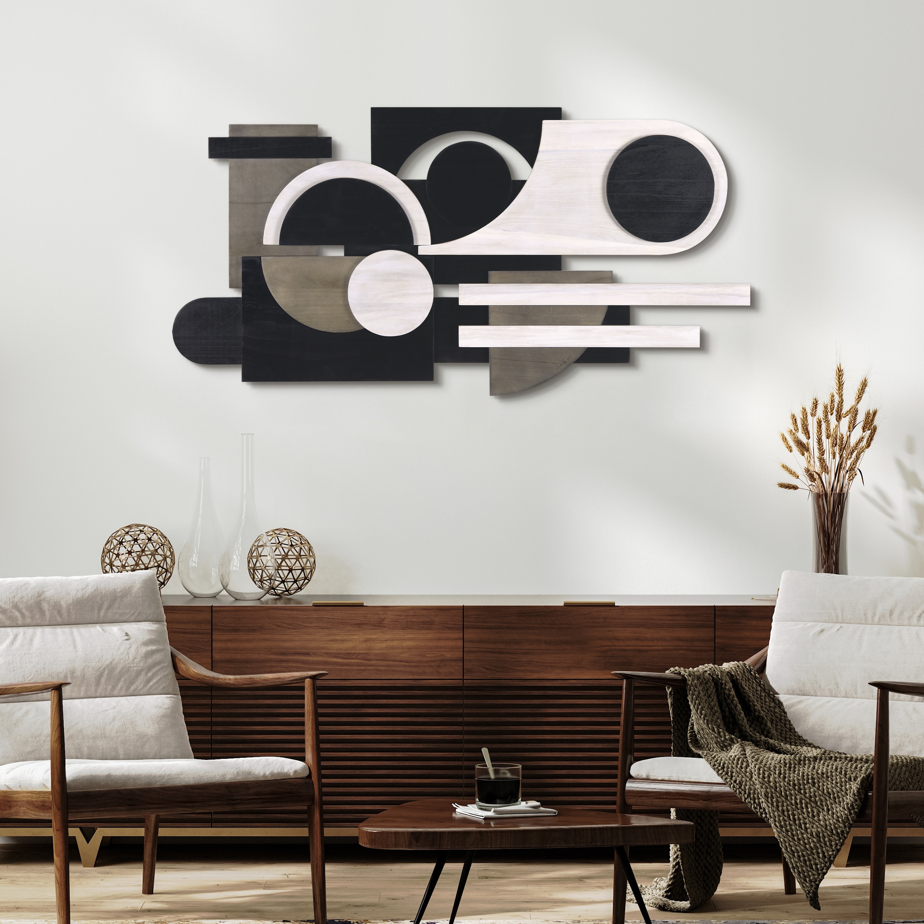 Luminous Whisper 48" x 24" Black and White Paulownia Wood Abstract Wall Art