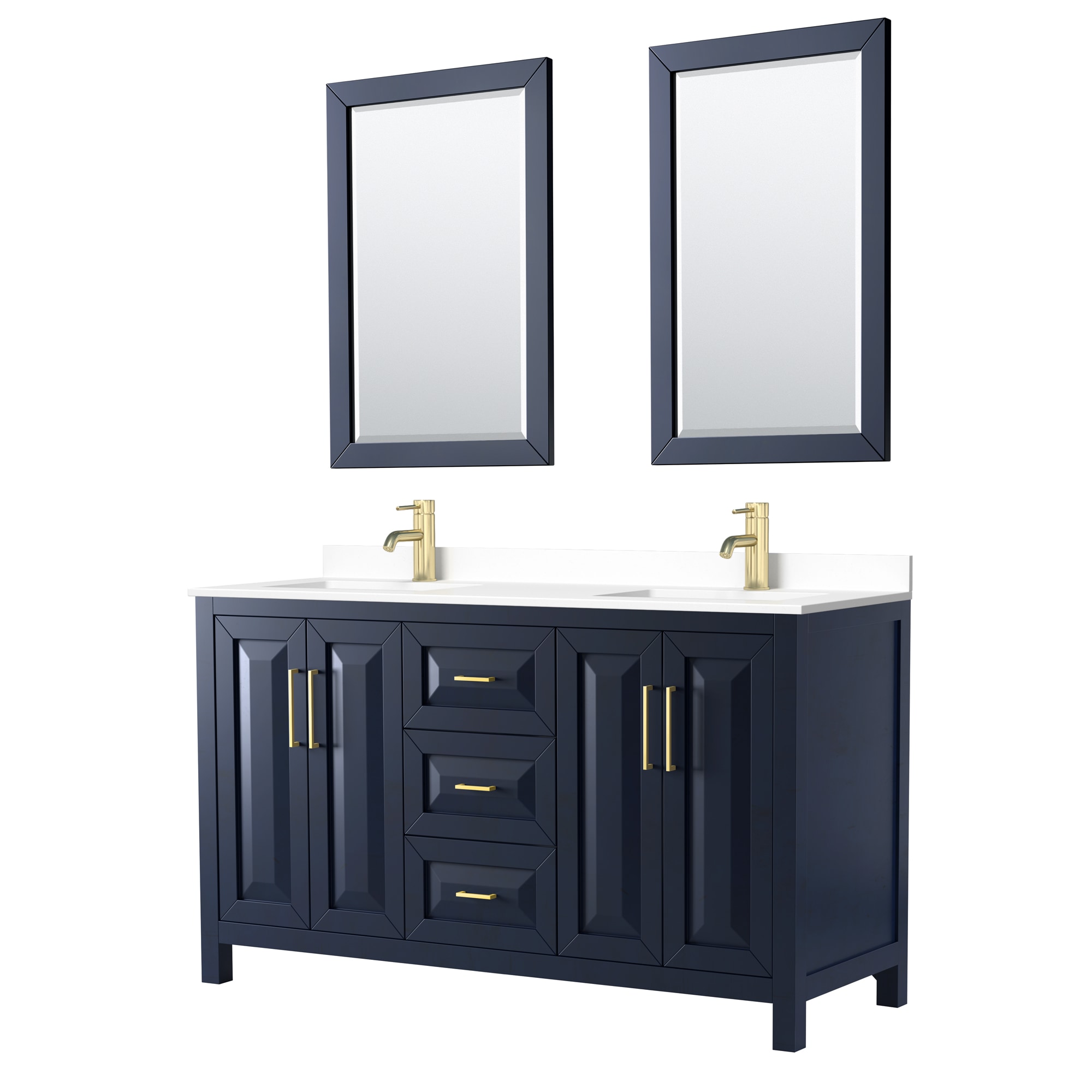 Wyndham Collection WCV252560DBLWCUNSM24 Daria 60-in Dark Blue with Brushed Gold Trim Undermount Double sink Bathroom Vanity with White Cultured Marble Cultured marble Top (Mirror Included)
