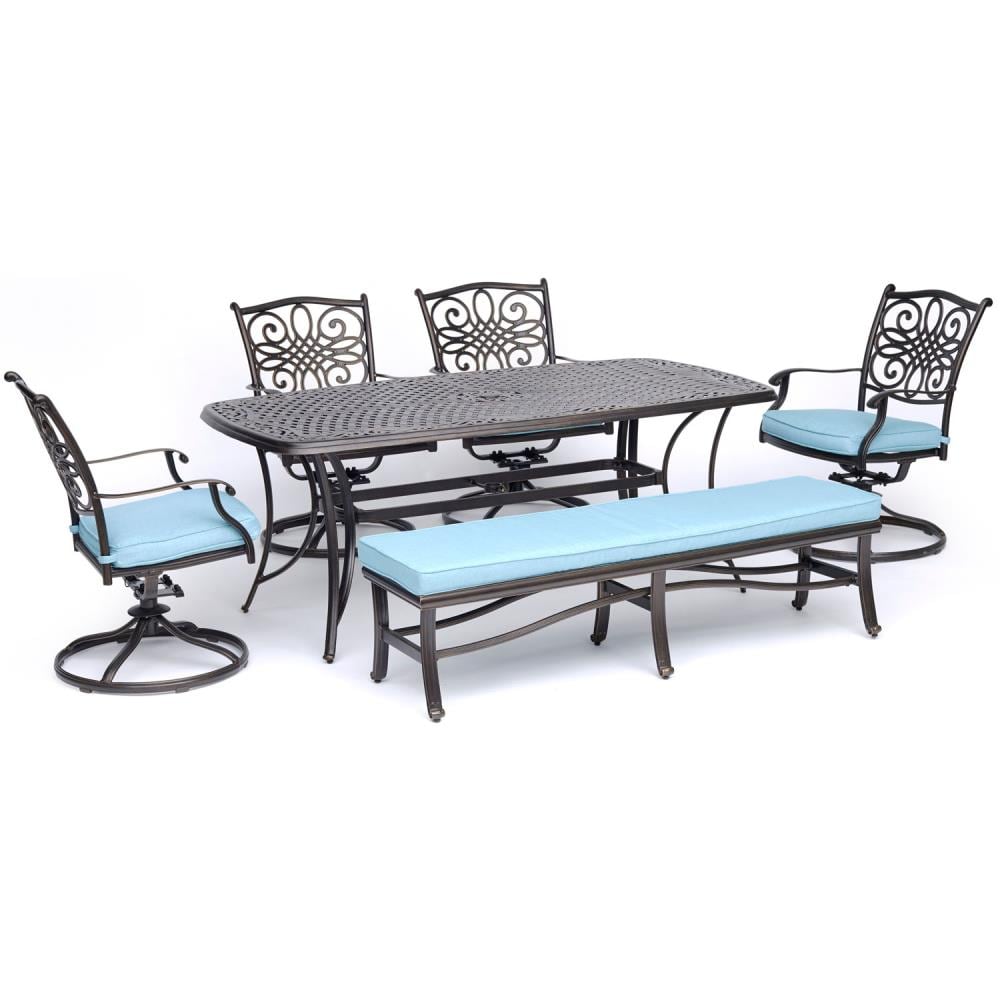 Hanover TRADDN6PCSW4BN-BLU Traditions 6-Piece Bronze Patio Dining Set with Blue Cushions