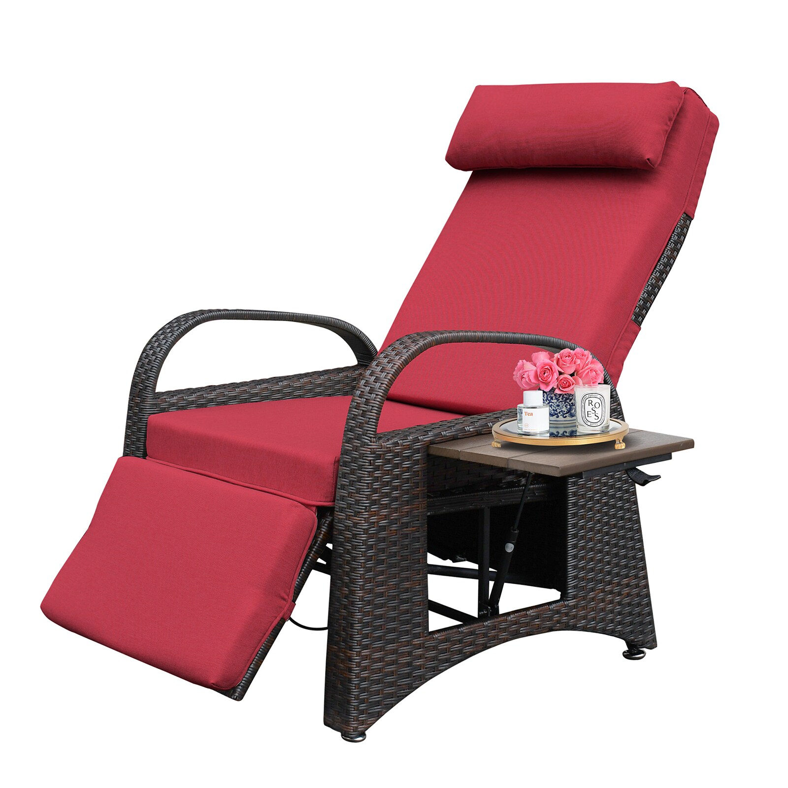WELLFOR TRX-464AK Rattan Brown Iron Frame Recliner Chair with Red Cushioned Seat