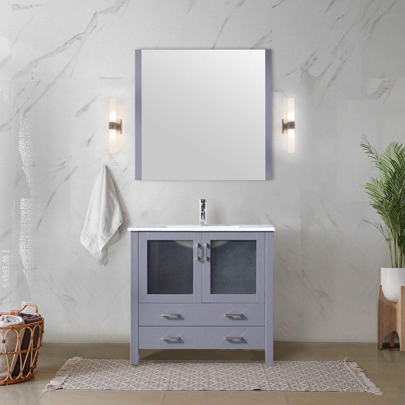 Lexora LV341836SBESM34F Volez 36-in Dark Grey Single sink Bathroom Vanity with White Ceramic Top (Mirror Included) (Faucet Included)