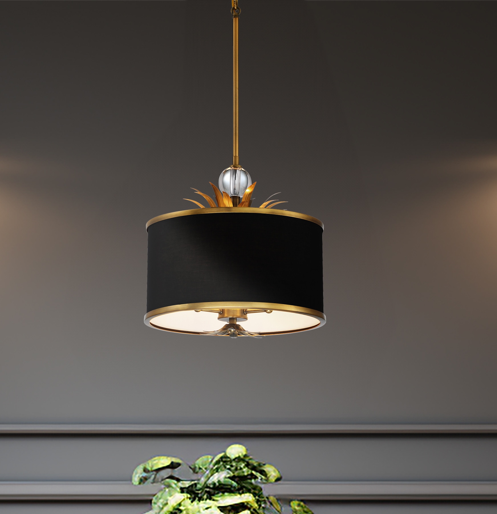 Natural Brushed Brass Pendant Light with Black Fabric Shade