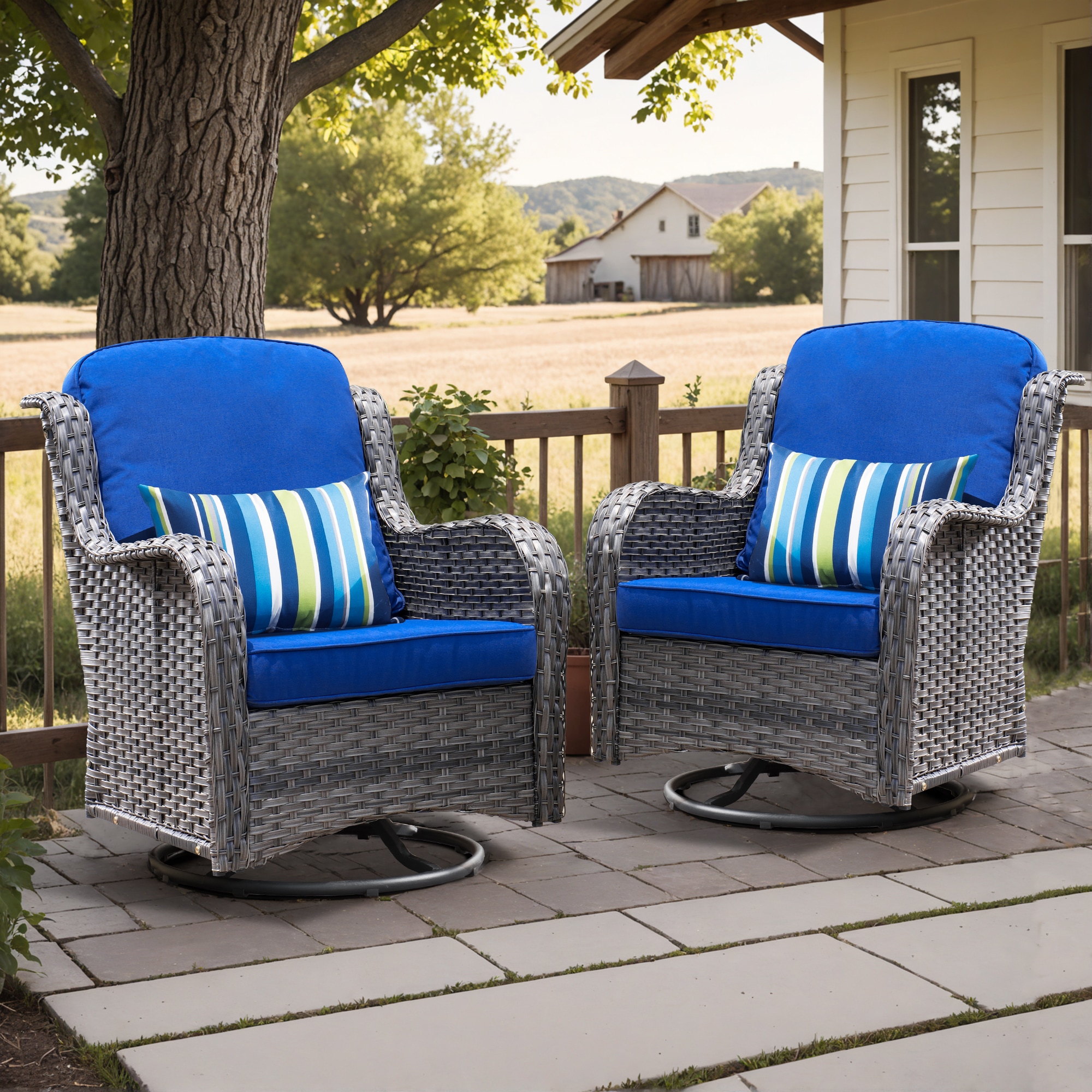 Pouuin SYZGNTC702 Set of 2 Wicker Gray Metal Frame Swivel rocker Rocking Chair with Navy Cushioned Seat