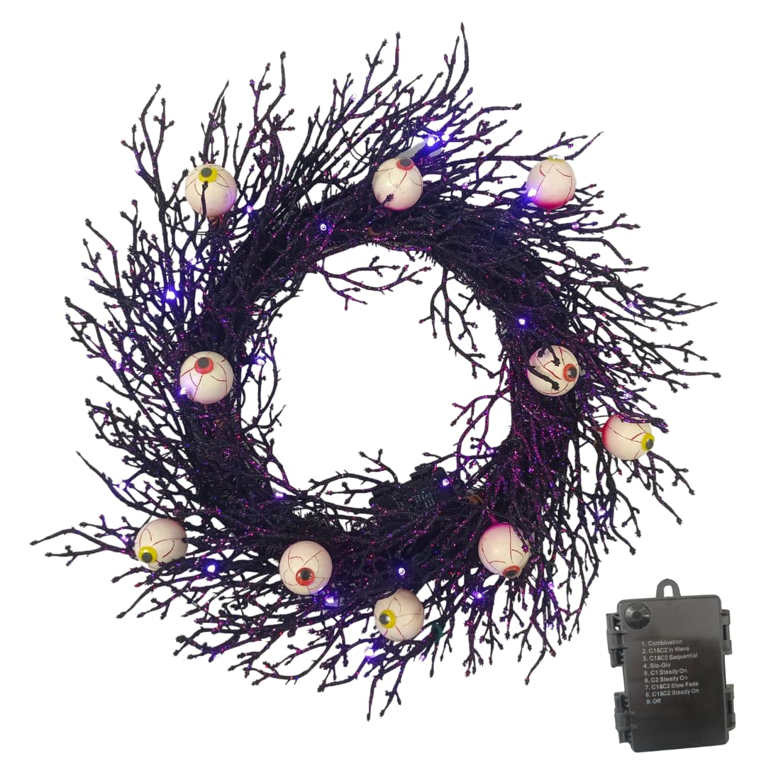KIWDZFU  Halloween Wreath 22 Inch Creepy Eyeball Black Twig with 35 Purple Orange LED Lights power cell Operated with Timer Spooky Front Door