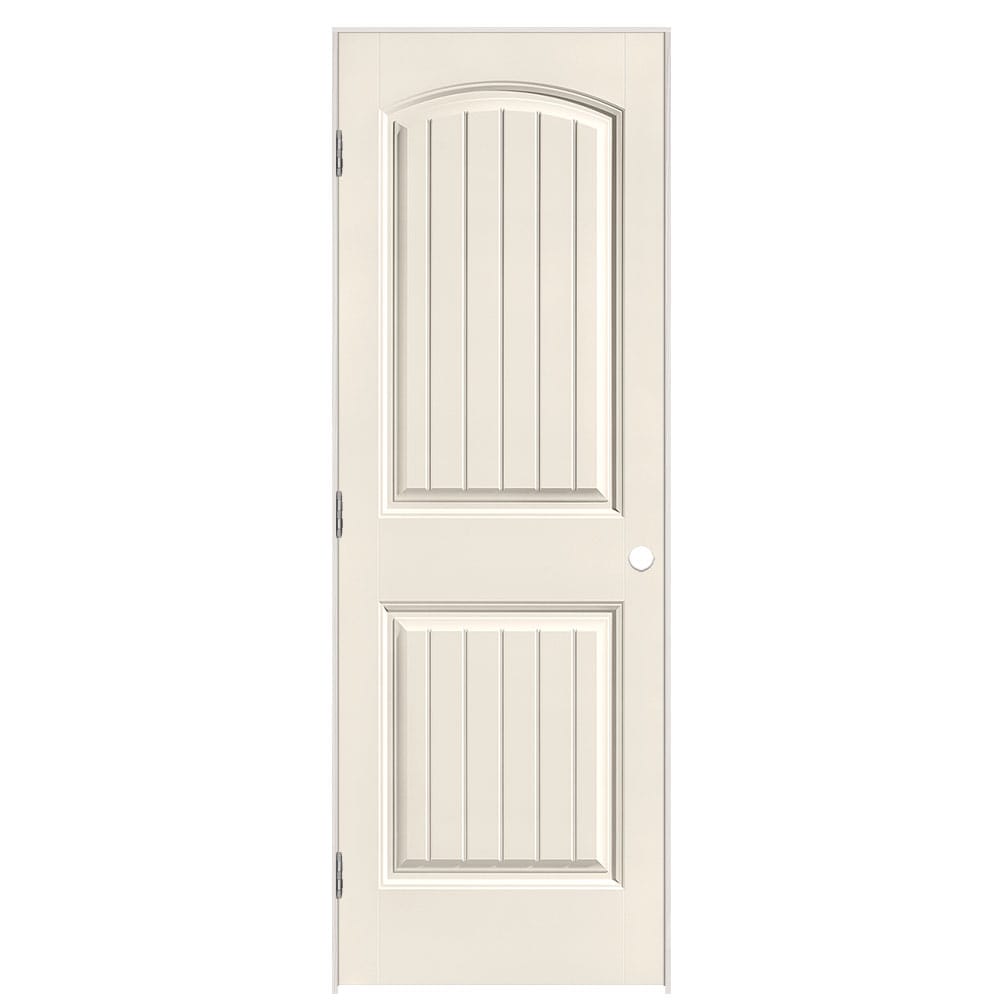 Masonite 1443738 28-in x 80-in Moonglow Solid core 2-panel round top plank Right hand Smooth Prefinished Molded composite Flat Jamb Single Prehung Interior Door