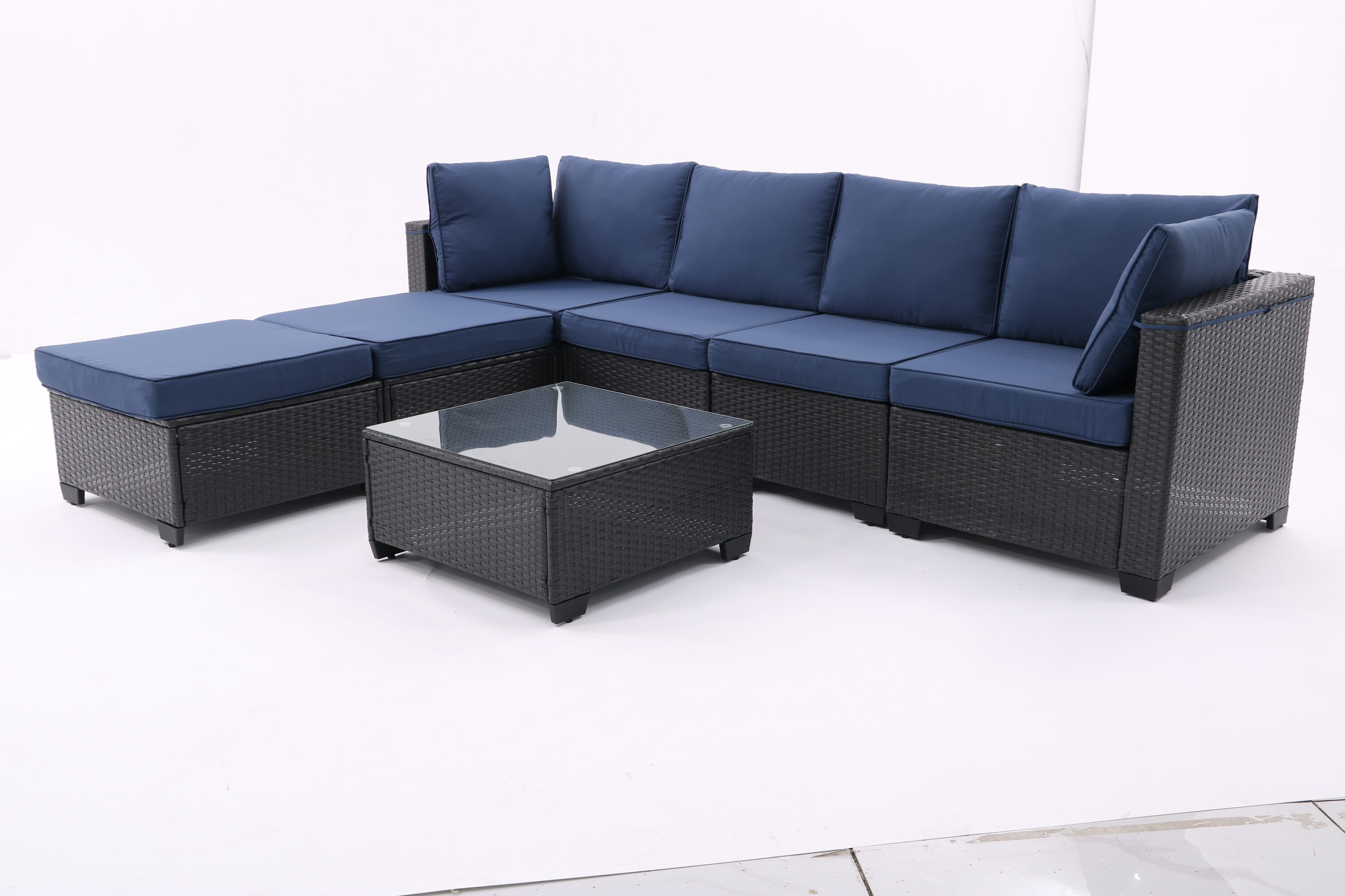 Damerin N7CS19 6 -Piece Rattan 2 Patio Sofa Conversation Set with Blue Cushions