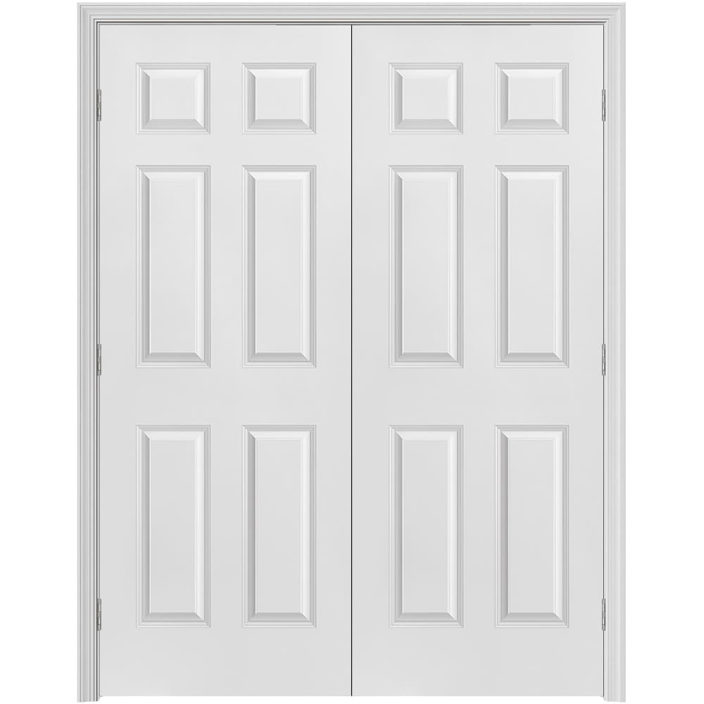 Masonite 640942 60-in x 80-in Primed Solid core 6-panel Bi-parting Smooth Primed Molded composite Split Jamb Double Prehung Interior Door 376 Casing