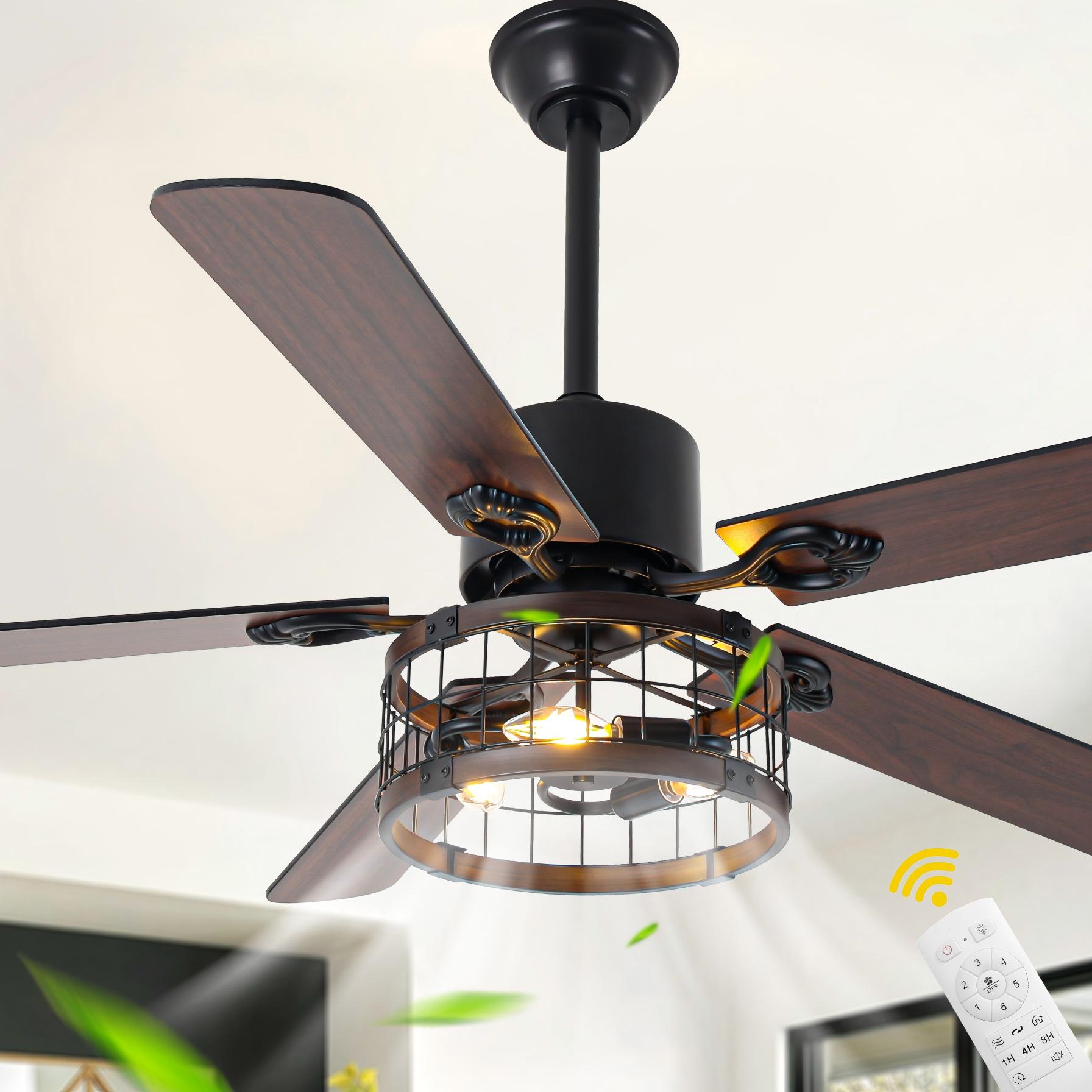 Oaks Decor DC5220OKEL Pamplona 52-in Color-Changing Black with Industrial Blades Cage Ceiling Fan With Light - Remote Included ( 5 -Blade )