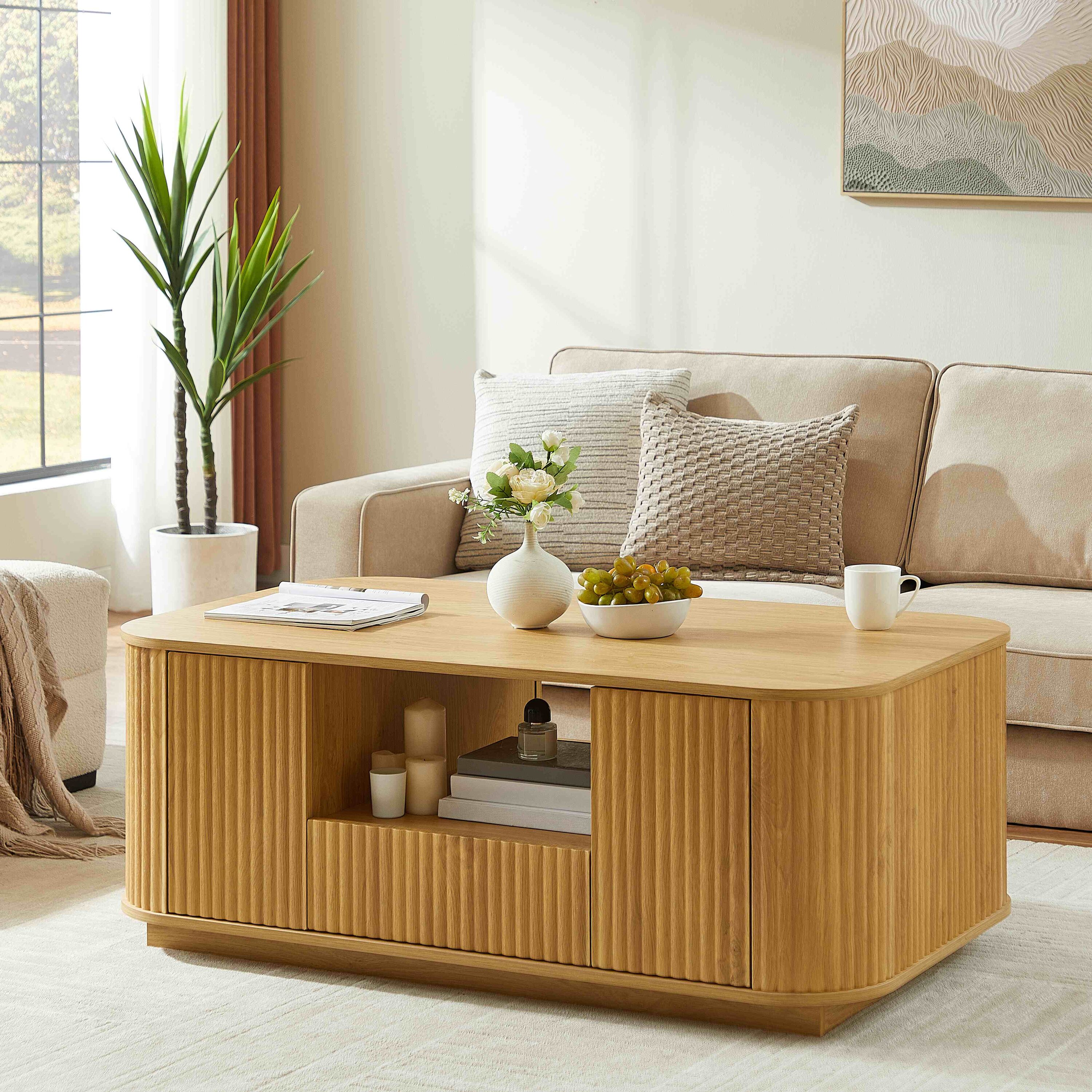 Dexmalle W1162P339120 Modern Rectangle Coffee Table with Curved Edge for Living Room and Ofiice