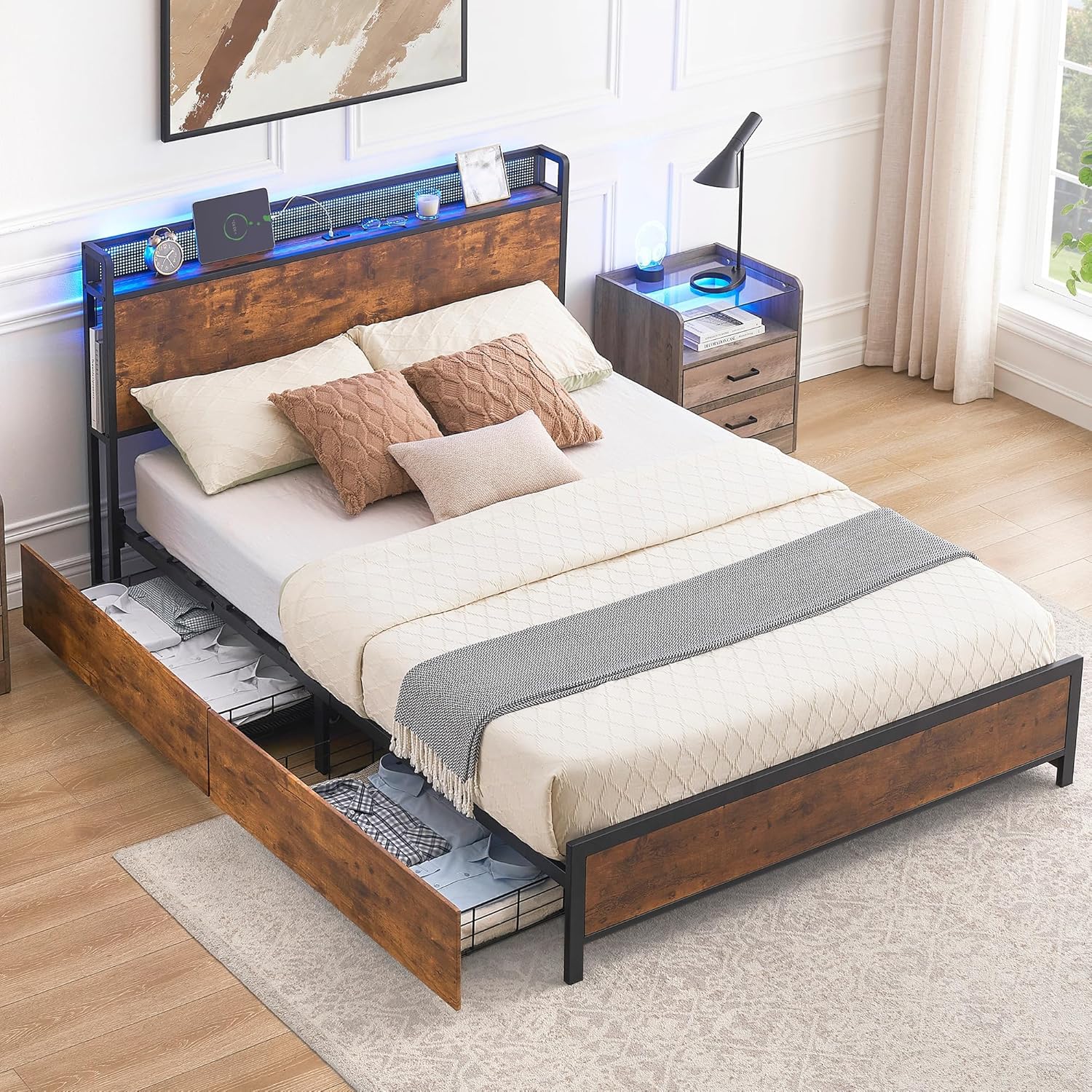 Qeetex LHF-BED-PHO-0ZD4TLQU Full Bed Frame with 4 Drawers and 2-Tier Storage Headboard Metal Platform Bed Frame with Built in Charging Station and LED Modern MDF and Iron Frame Storage Bed Noise-Free No Box Spring Needed