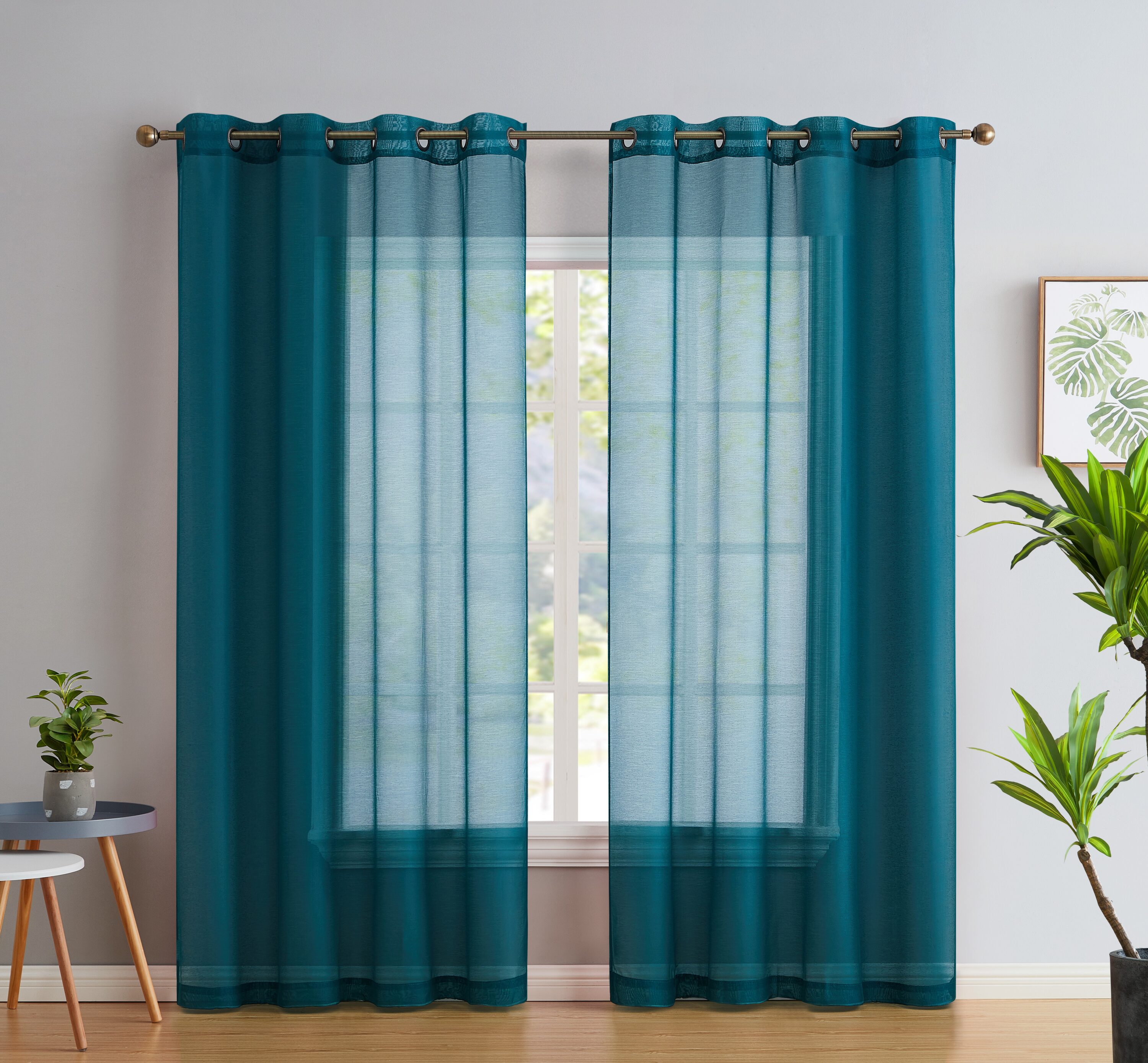 HLC.me SHR-GR-GRYTL-84 84-Inches Grey Teal Blue Semi-sheer Grommet Curtain panel pair