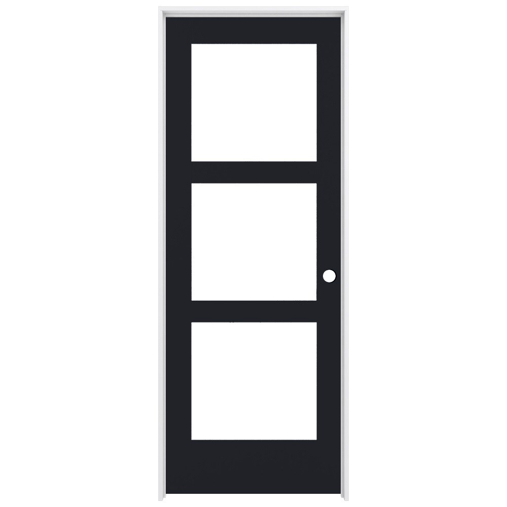 RELIABILT LO1370418 24-in x 80-in Midnight Solid core 3-panel square Frosted glass Left hand Smooth Prefinished Pine Wood Flat Jamb Single Prehung Interior Door