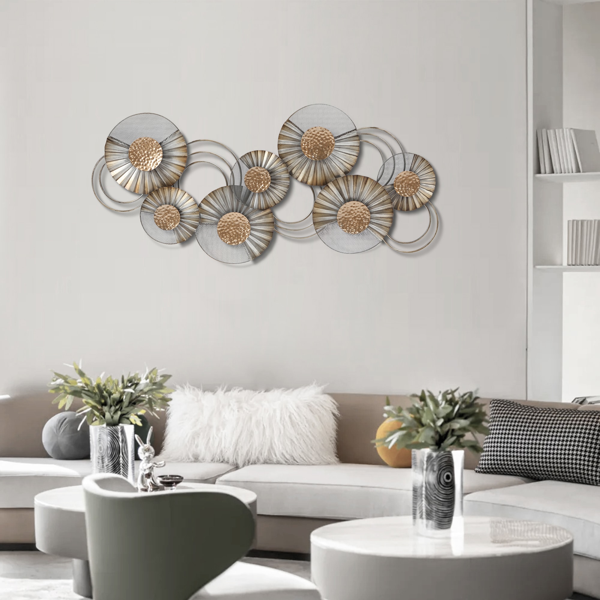 48.5" W Distressed Gray and Gold Metal Floral Wall Sculpture