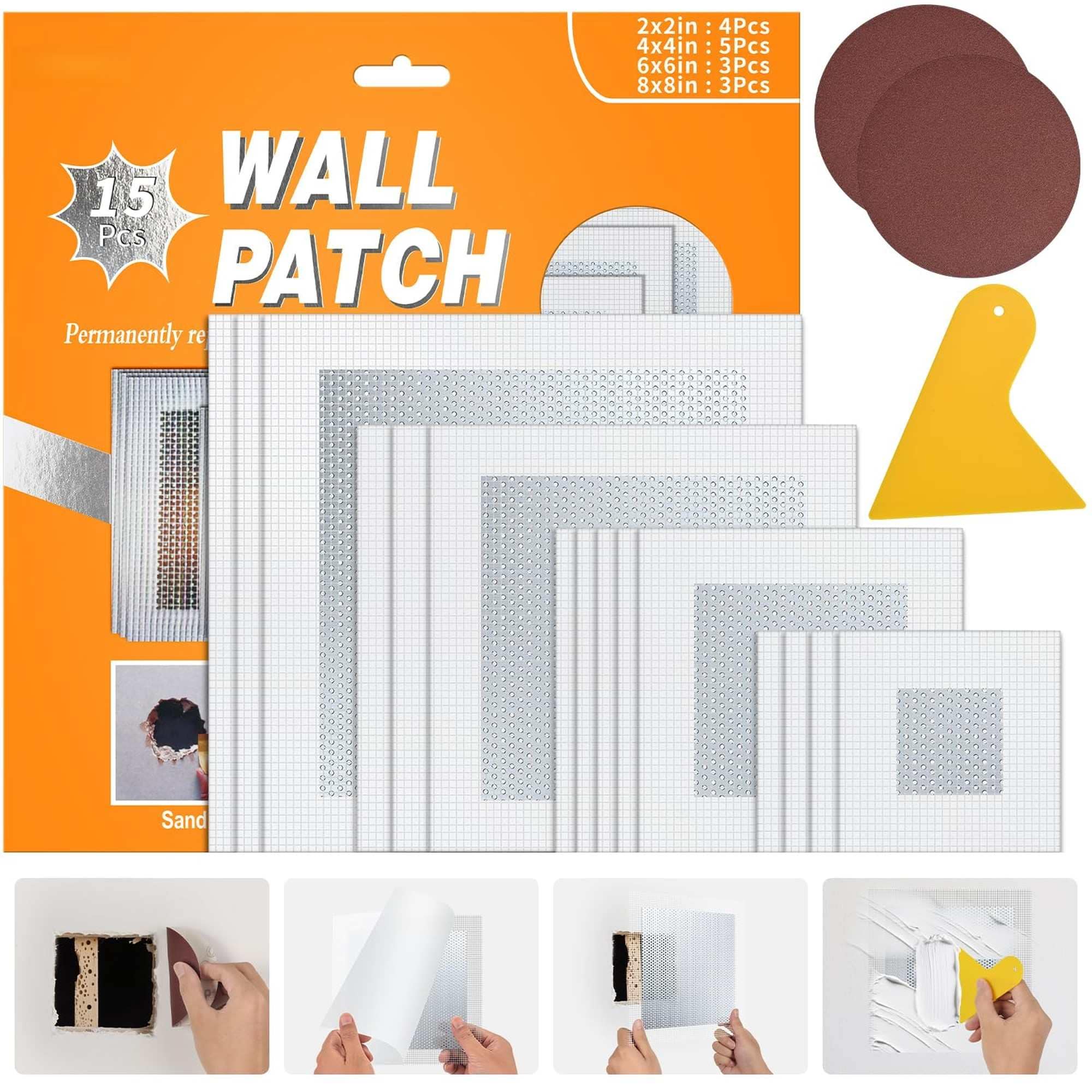 Angel Sar 15 Piece Aluminum Drywall Repair Patch Kit with Self Adhesive Mesh 2 4 6 8 Inch Sizes for Wall Ceiling Hole Permanently Fix
