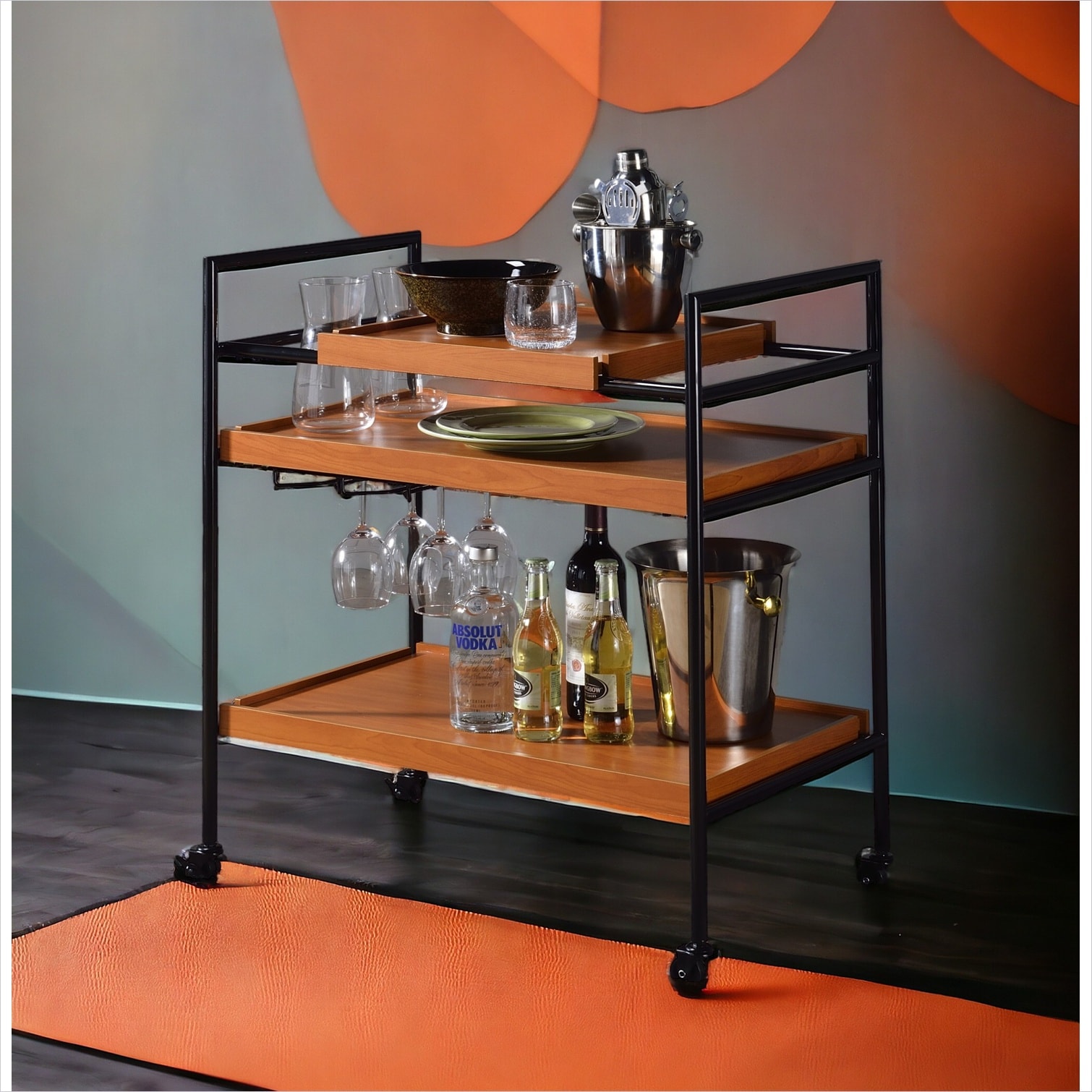 FlowLuxe Serving Cart with Oak Trays and Matte Black Metal Frame 3 ...