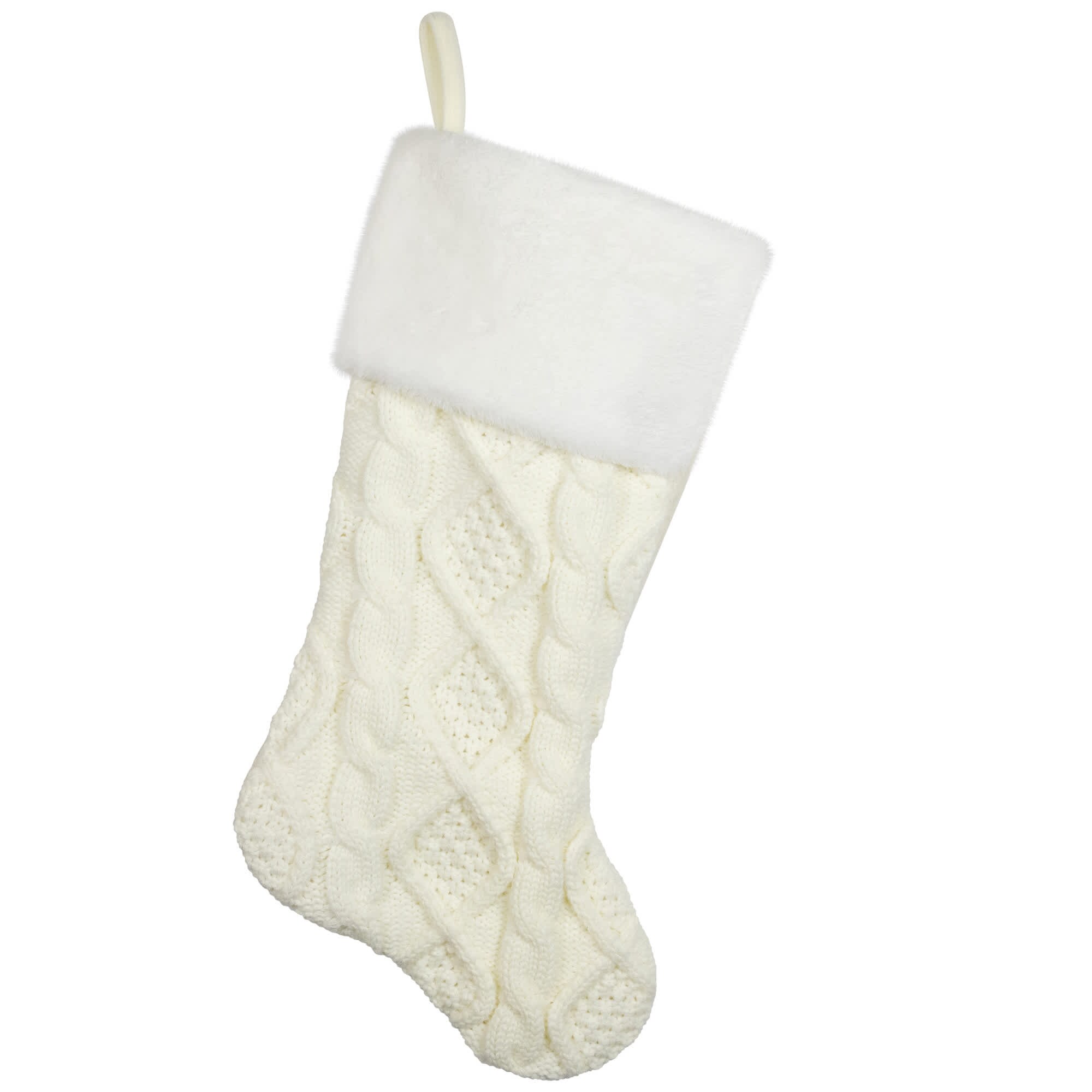 Northlight Cable Knit Christmas Stocking with Faux Fur Cuff - 20.5 inch - Cream and White