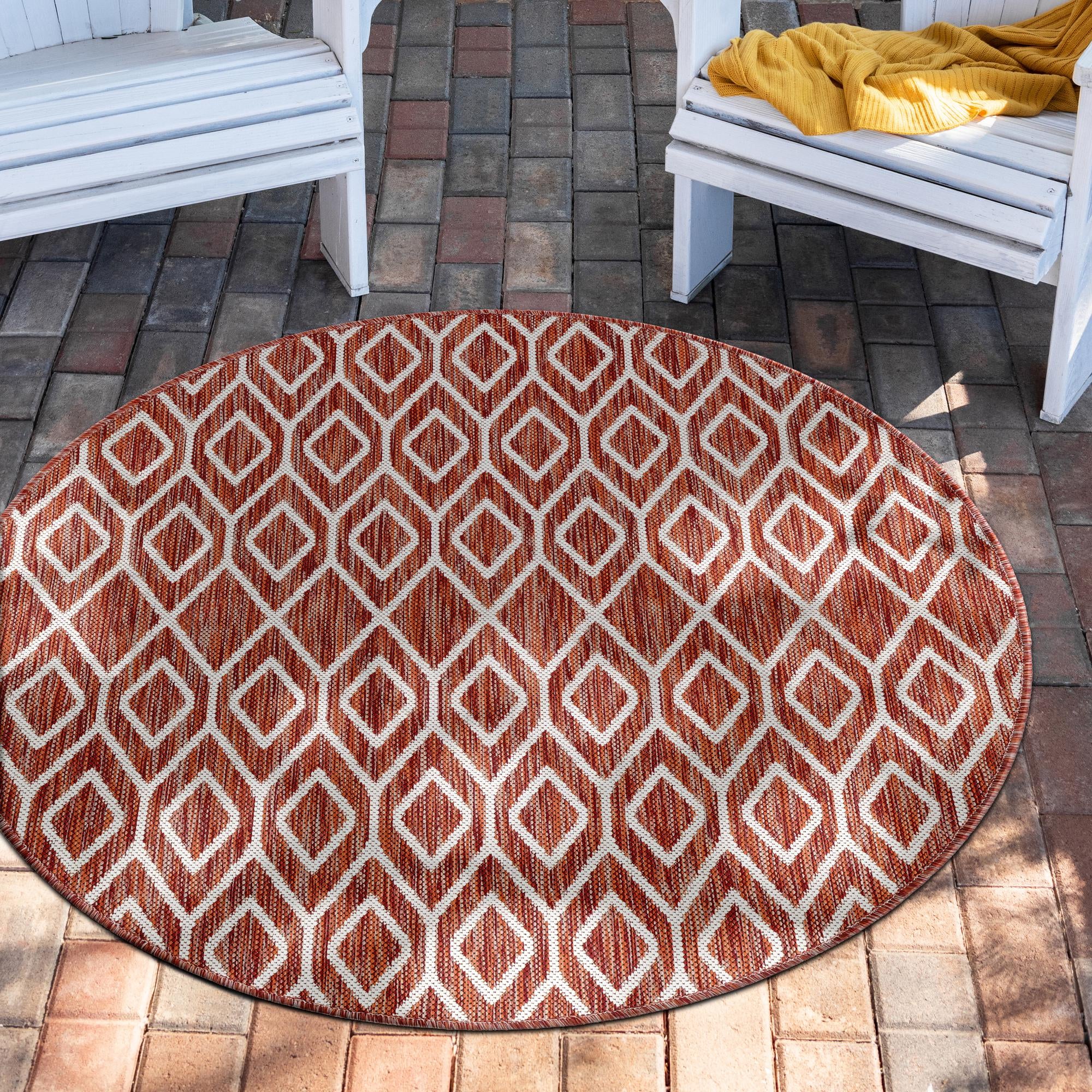 Unique Loom 3152401 Jill Zarin Outdoor 7 x 7 (ft) Loomed Polypropylene Rust Red Round Indoor/Outdoor Trellis Area rug