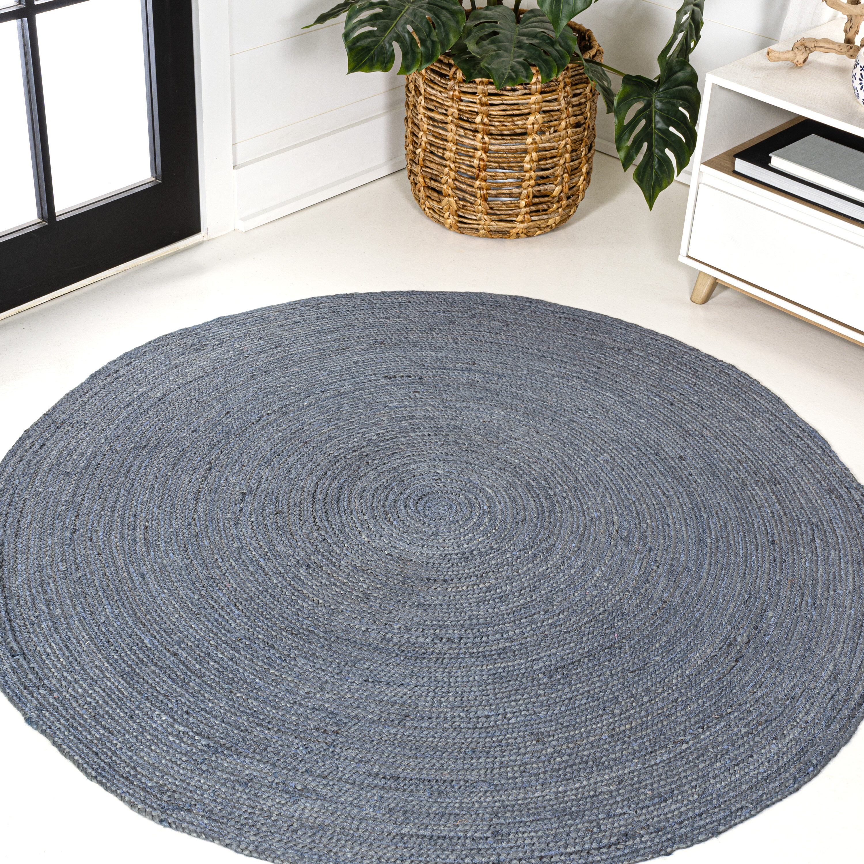 JONATHAN  Y RNF116C-4R ANSA Zara Braided Coastal 4 x 4 (ft) Braided Jute Blue Round Indoor Solid Farmhouse/Cottage Area rug