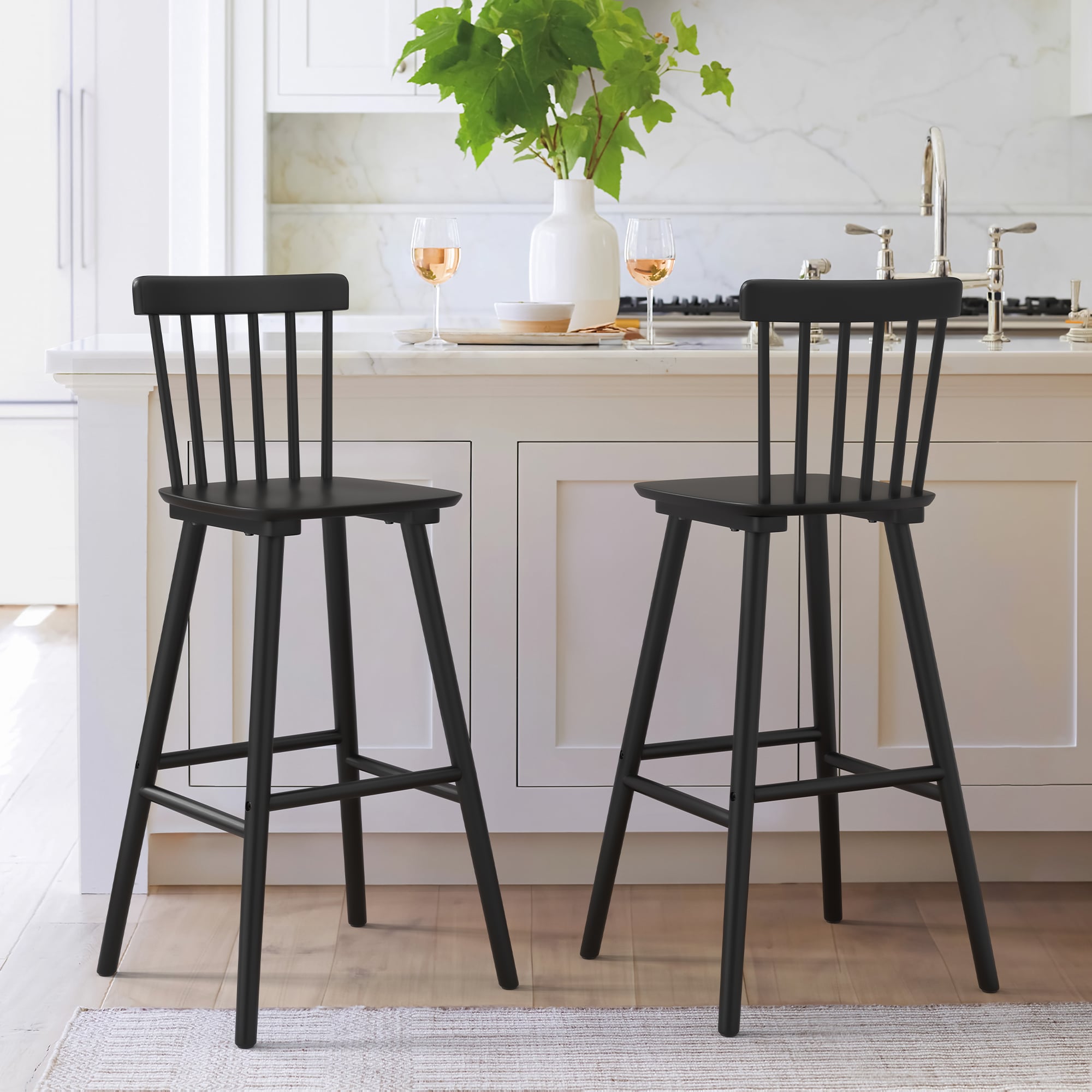 Yurevna 2LB23CH0030-100LS Set of 2 Black 30-in H Bar height (28-in to 33-in) Square Seat Wood Back Bar Stool Back