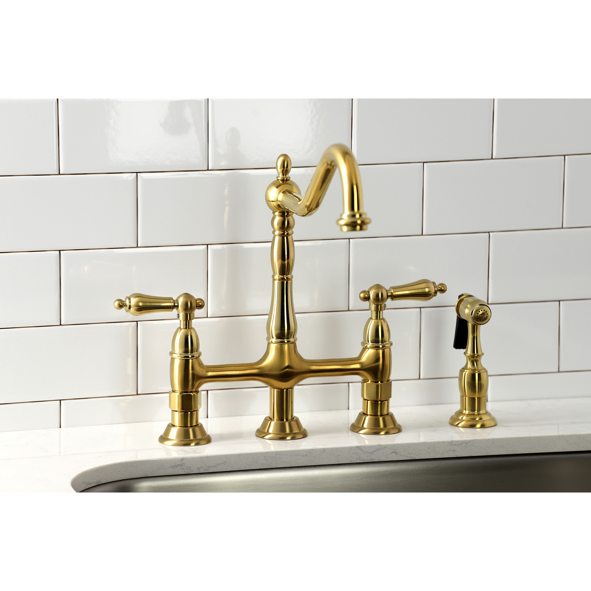 Kingston Brass WLKS1277ALBS Heritage Brushed Brass Double Handle Deck-mount Bridge Kitchen Faucet ( Side Sprayer Included )