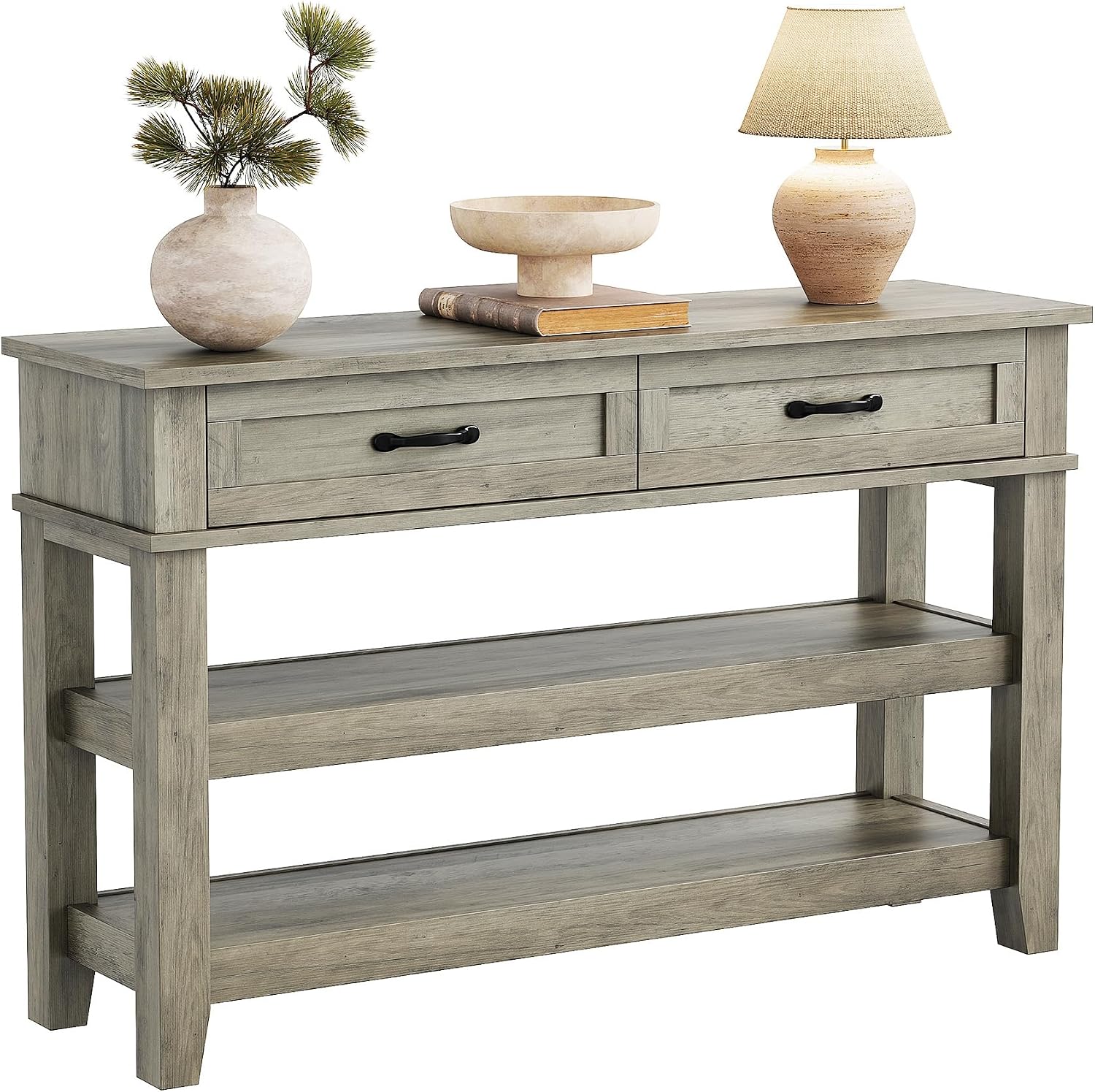 GAOMON 47-in W Farmhouse Console Table with 2 Drawers and 3-Tier Storage Shelves Wood Sofa Table Grey
