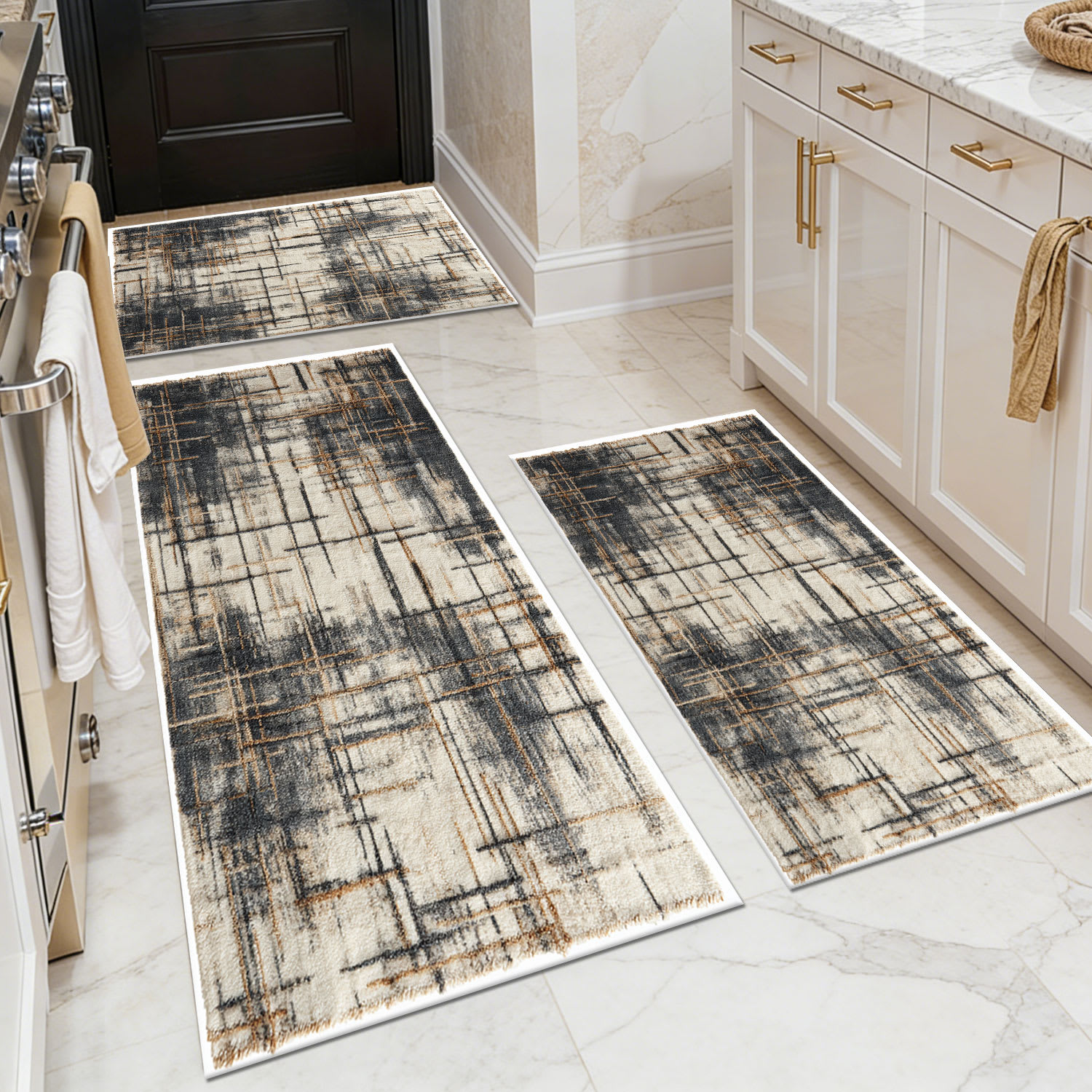TOBILI  20 x 32in 20 x 47in 20 x 60in Faux Cashmere Beige Gray Rectangular Indoor Grid Line Abstract Mid-Century Modern Non Slip Washable Pet Friendly Rug Set Of 3 Piece