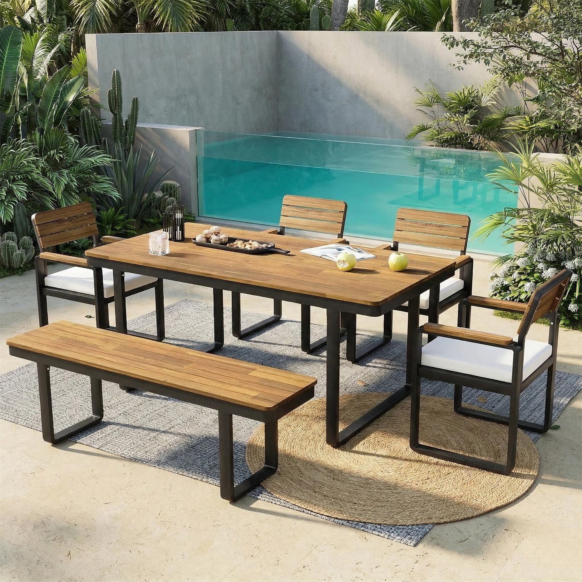 BABOOM - Outdoor Acacia Wood Dining Set 6 -Piece Black Patio Dining Set Wood Rectangle Table with...