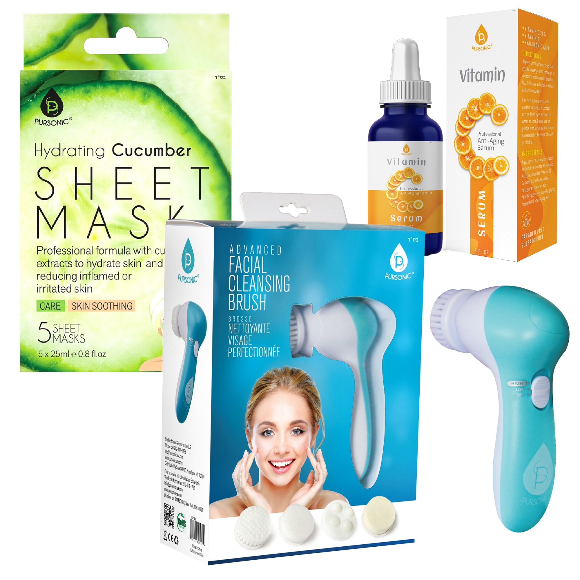 Pursonic VCS3-FC110BE-FMCMR5 Ultimate Skincare Gift Bundle Hydrating Cucumber Sheet Masks Advanced Facial Cleansing Brush Vitamin C Serum 3 fl oz