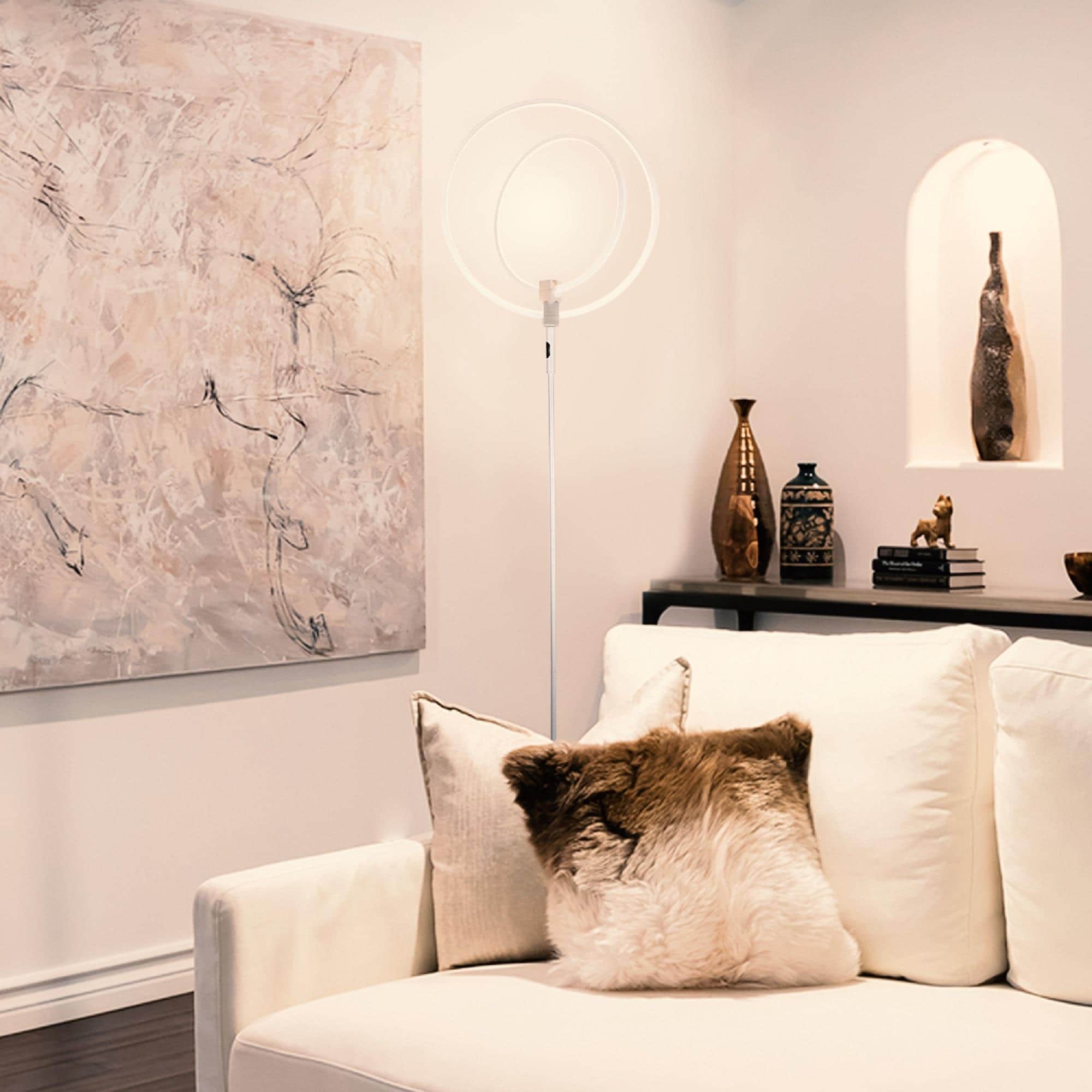 White Adjustable LED Touch Floor Lamp with Dual Rings