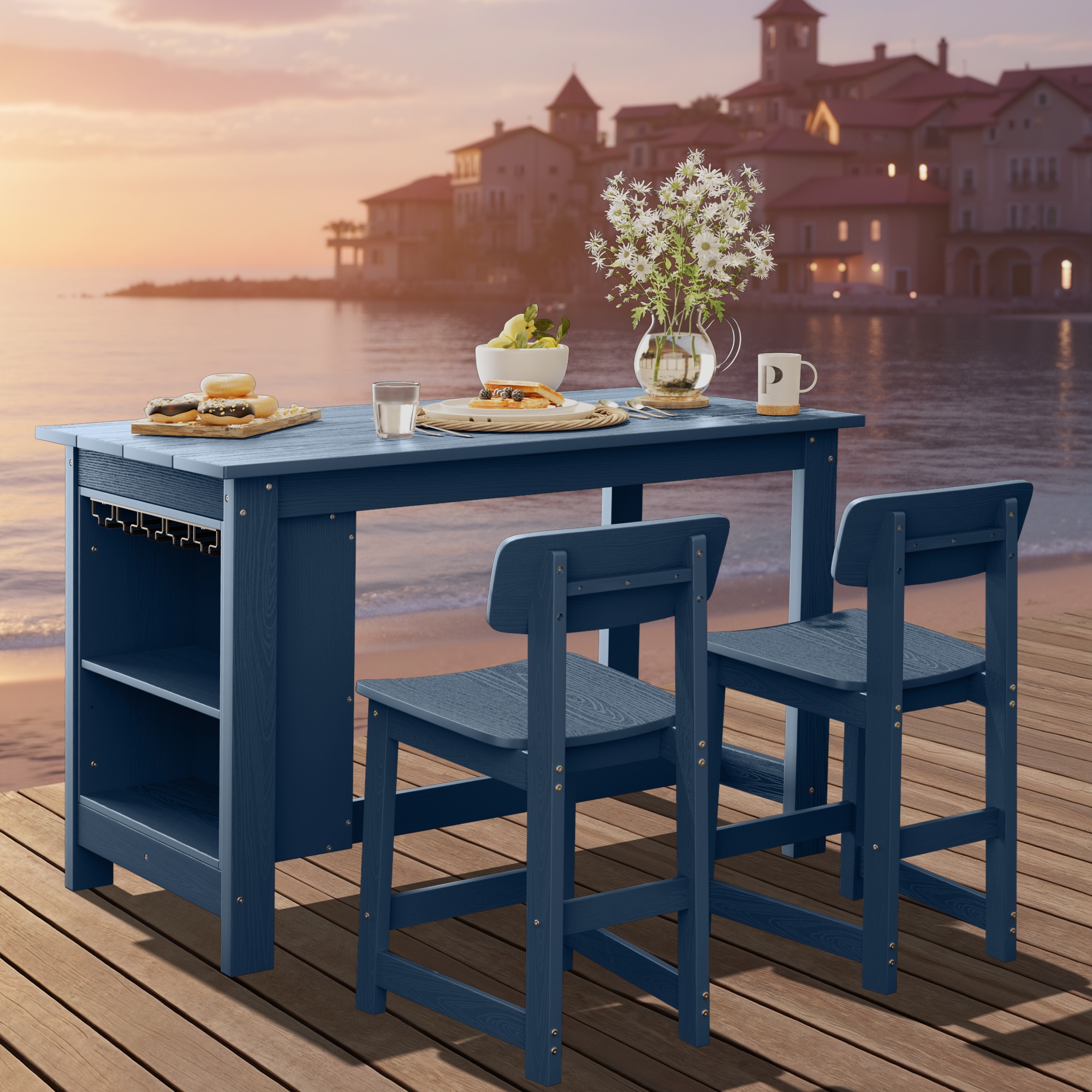 JEAREY XJG3JT-KQ 3-Piece Bar Table Set with storage Cabinet Cup Hooks-28.2in Table, Armrest-FreeChairs with Footrest 3 -Piece Navy Counter height HDPE Rectangle Table with 2 Stationary Chairs