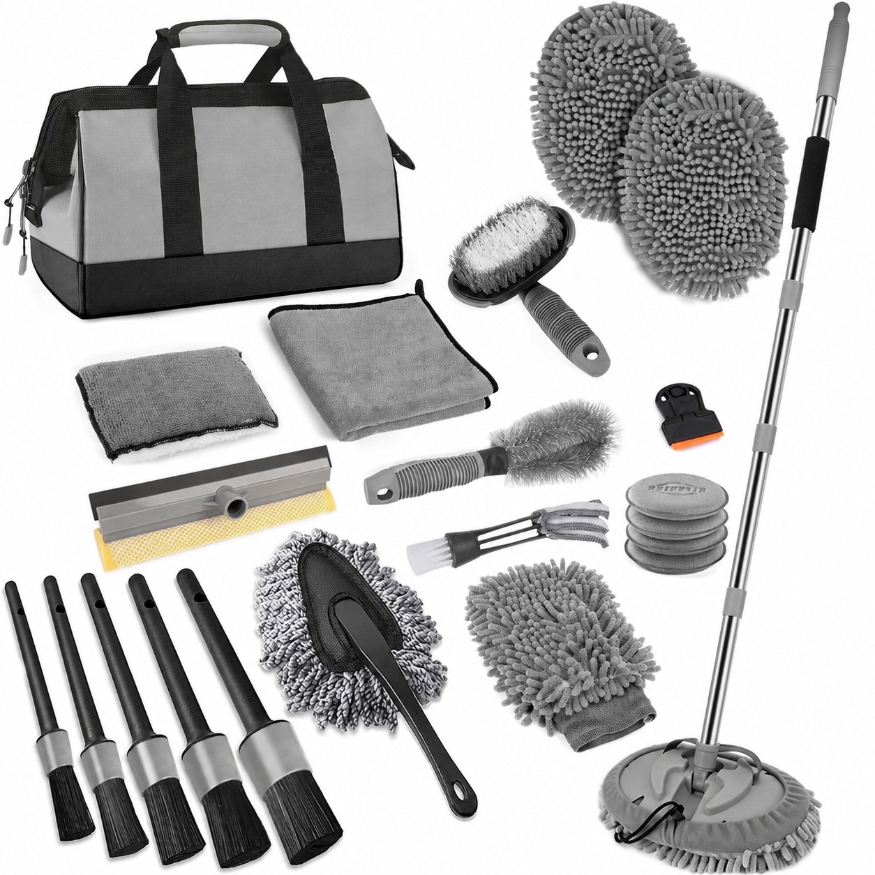 Phyfalip  62 in Car Wash Kit with Extendable Handle Multi Purpose Car Cleaning Mop and 9 Piece Detailing Brushes Gray Car Detailing Kit Gift for