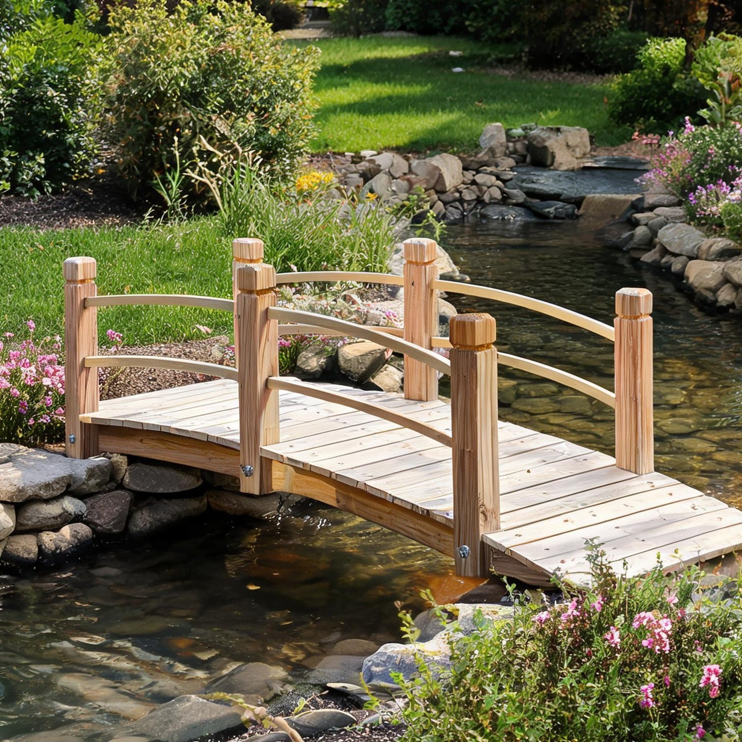 Tammesy Garden Bridge featuring 5 ft Natural Wood Fir Wood Arched 5-Foot Walkway and Outdoor Space