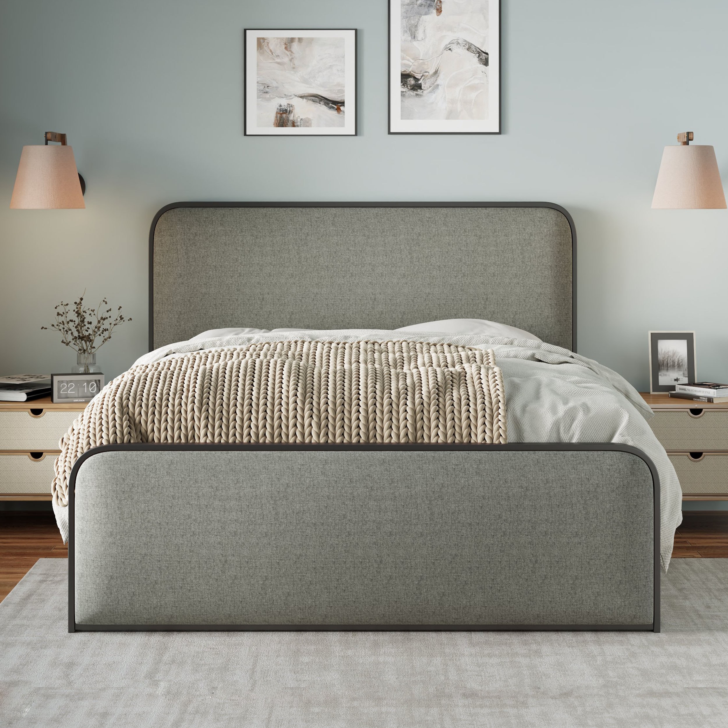 JIMSMAISON JMBBFB16GR Grey Queen Metal Platform Bed
