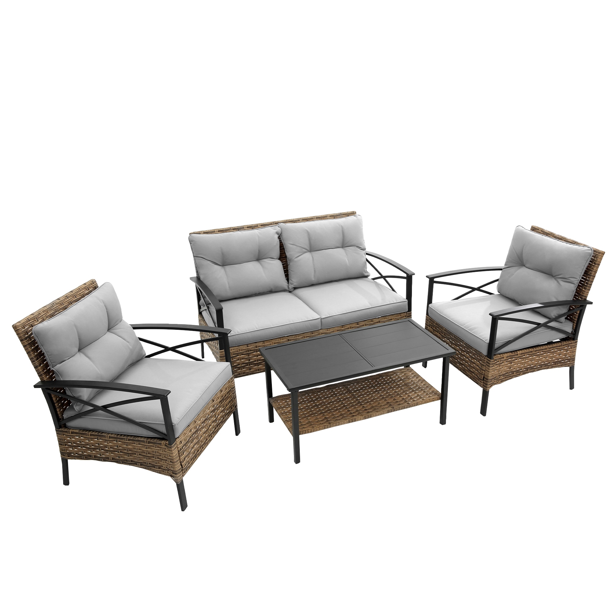 AHIOU HOME ZAAHG-S00032SF Alton 4 -Piece Wicker Patio Conversation Set with Gray Cushions