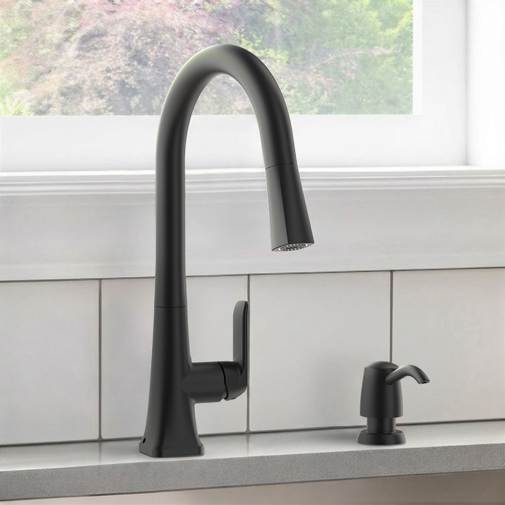 allen + roth Dunmore Matte Black Single Handle Deck-mount Pull-down Kitchen Faucet with Sprayer (Includes Deck Plate) (Includes Soap Dispenser)