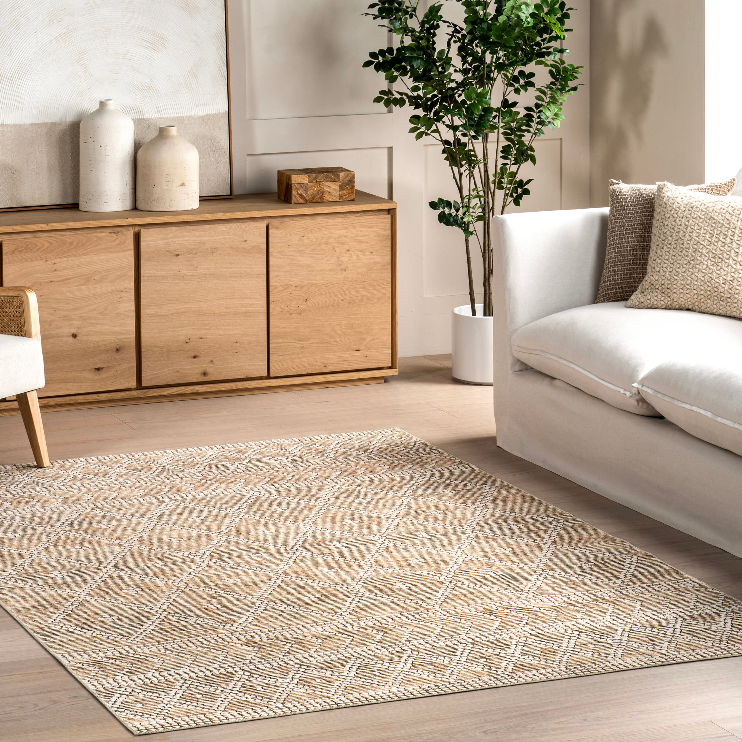 nuLOOM HJTH02A-406 4 x 6 (ft) Loomed Polyester Tan Rectangular Indoor Trellis Farmhouse/Cottage Machine washable Area rug