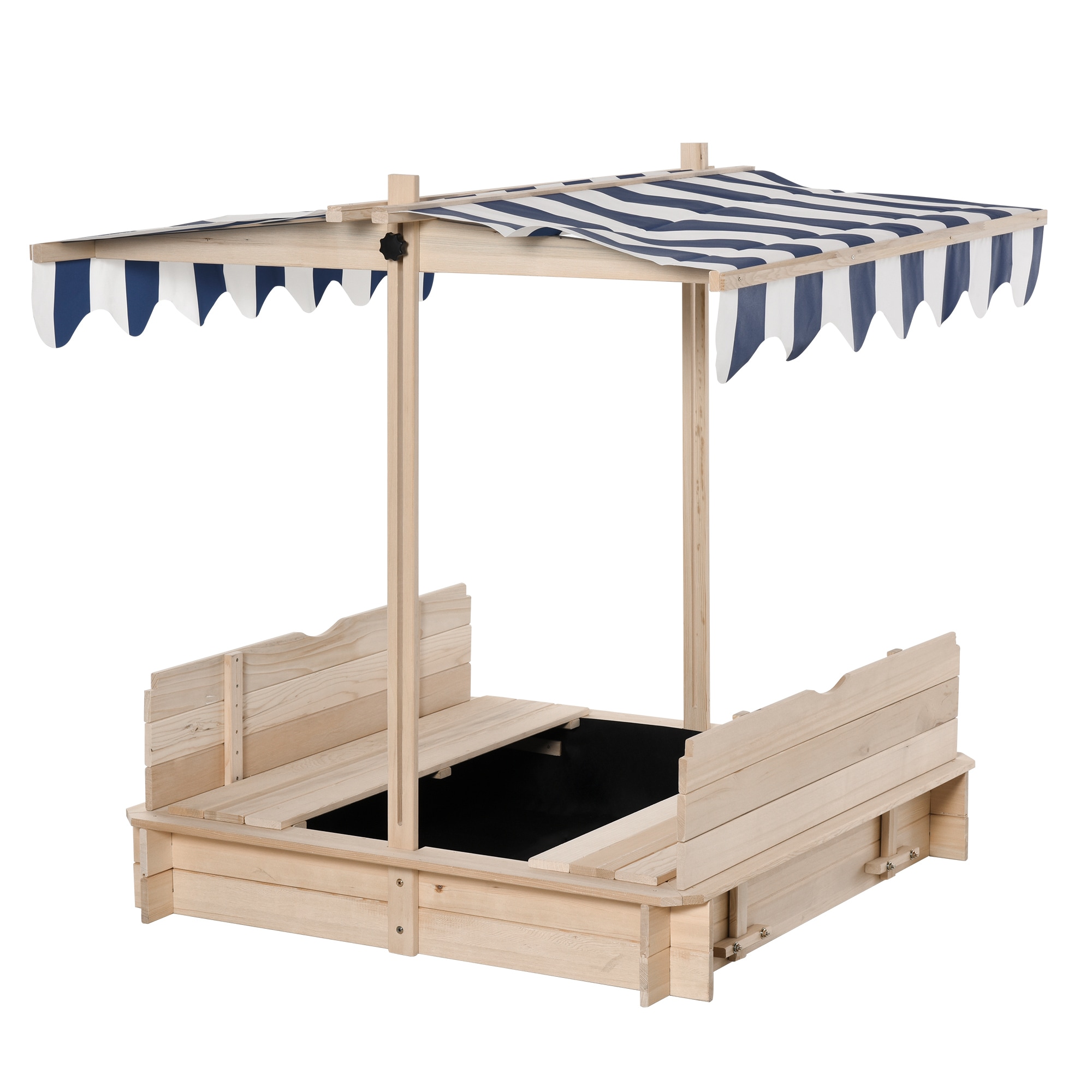 Tatayosi JJ-200739 Outsunny Wooden Kids Sandbox with Cover Children Outdoor Sand Box with Foldable Bench Seats Adjustable Canopy Bottom Liner for Outdoor Natural