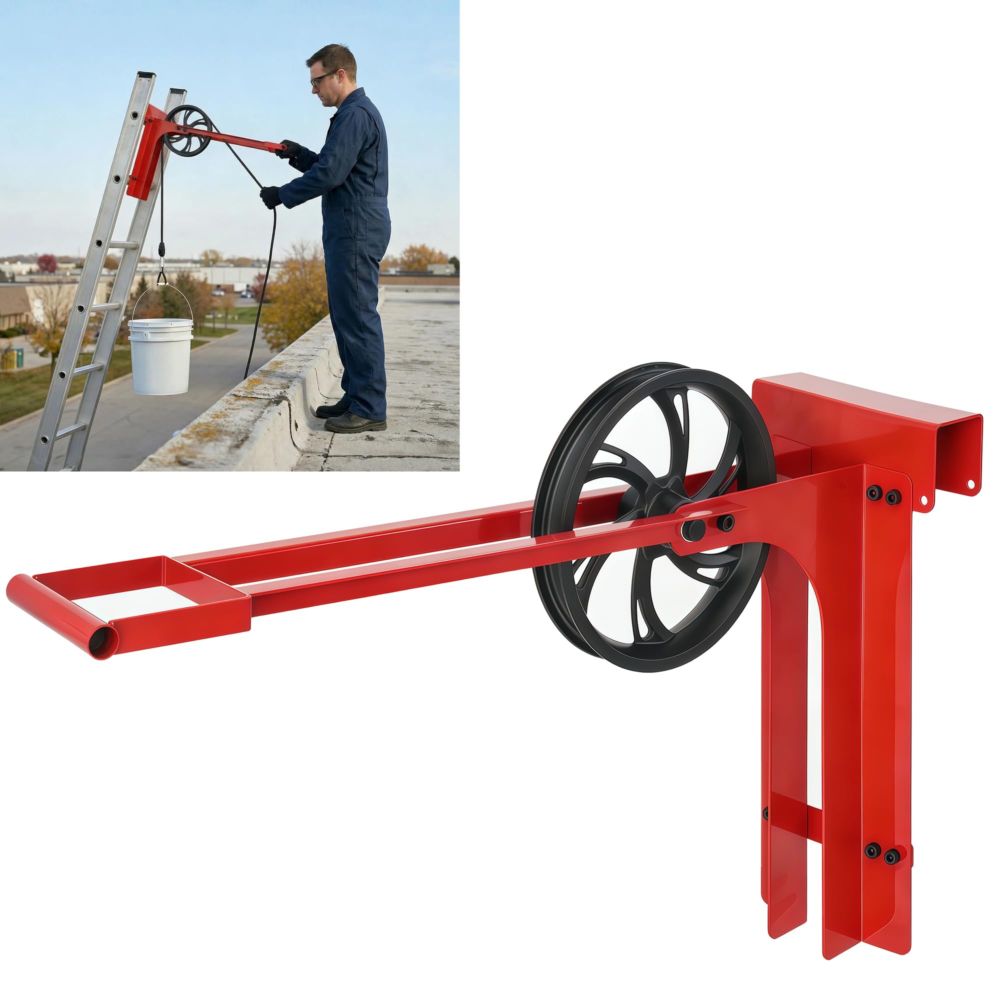 SenQWFa  Hoisting Wheel with Long Handle 500 Pounds Capacity Ladder Pulley System 8.5 Inch Scaffold Wheel for Ladder Accessories Red