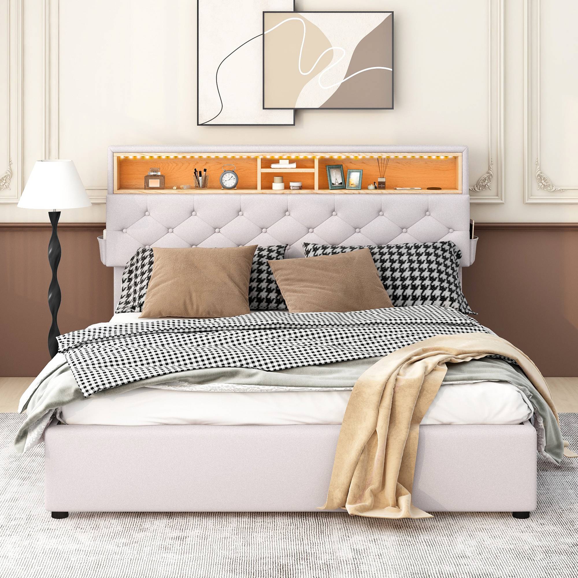 Yiekholo Beige Queen Upholstered Bed with Storage | LL-1020AAA