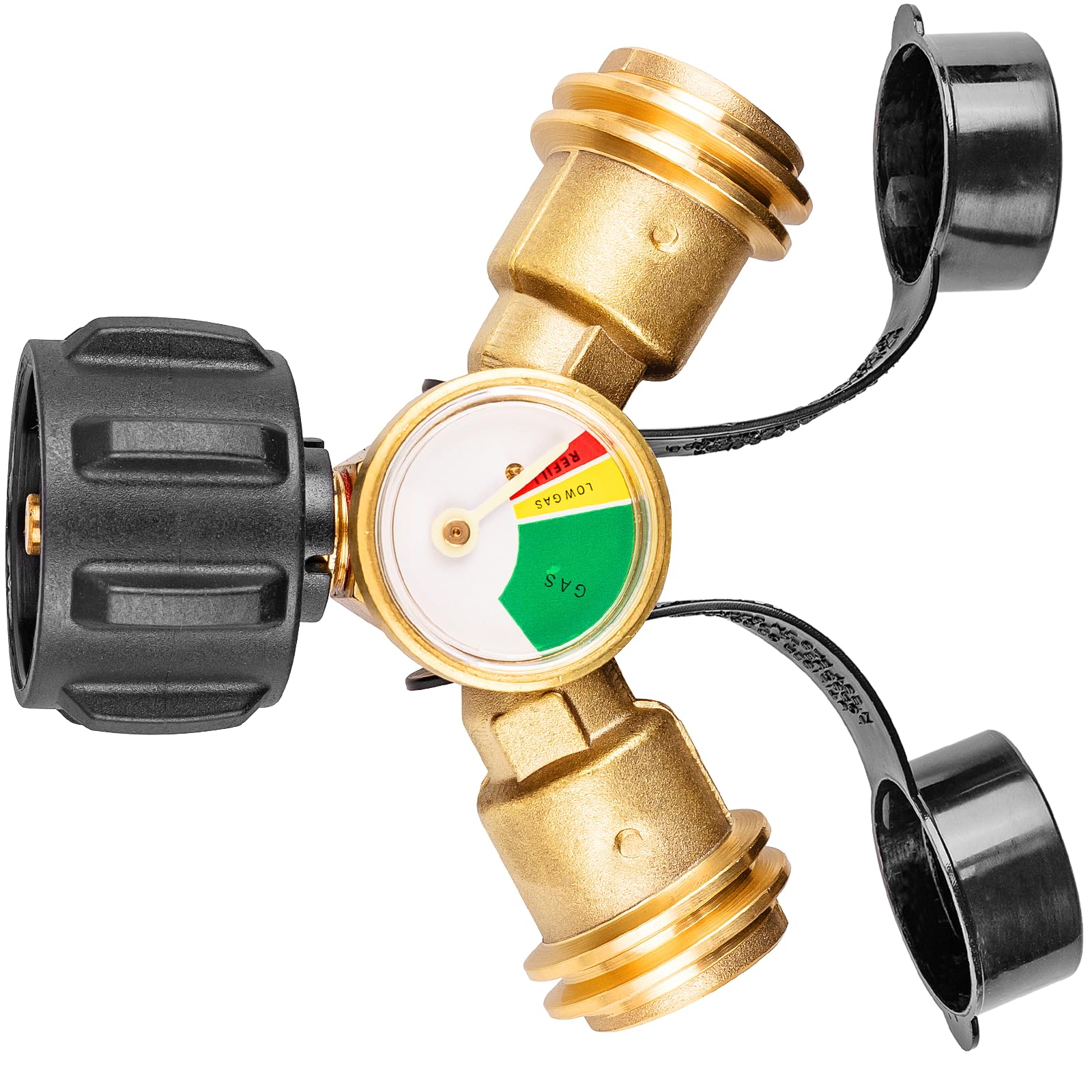 JVFCXXV  Propane Tank Splitter Adapter with Gauge Two Way Y Splitter with Shut Off Valve for Camping Stoves BBQ Grills Heaters Gas Burners Brass