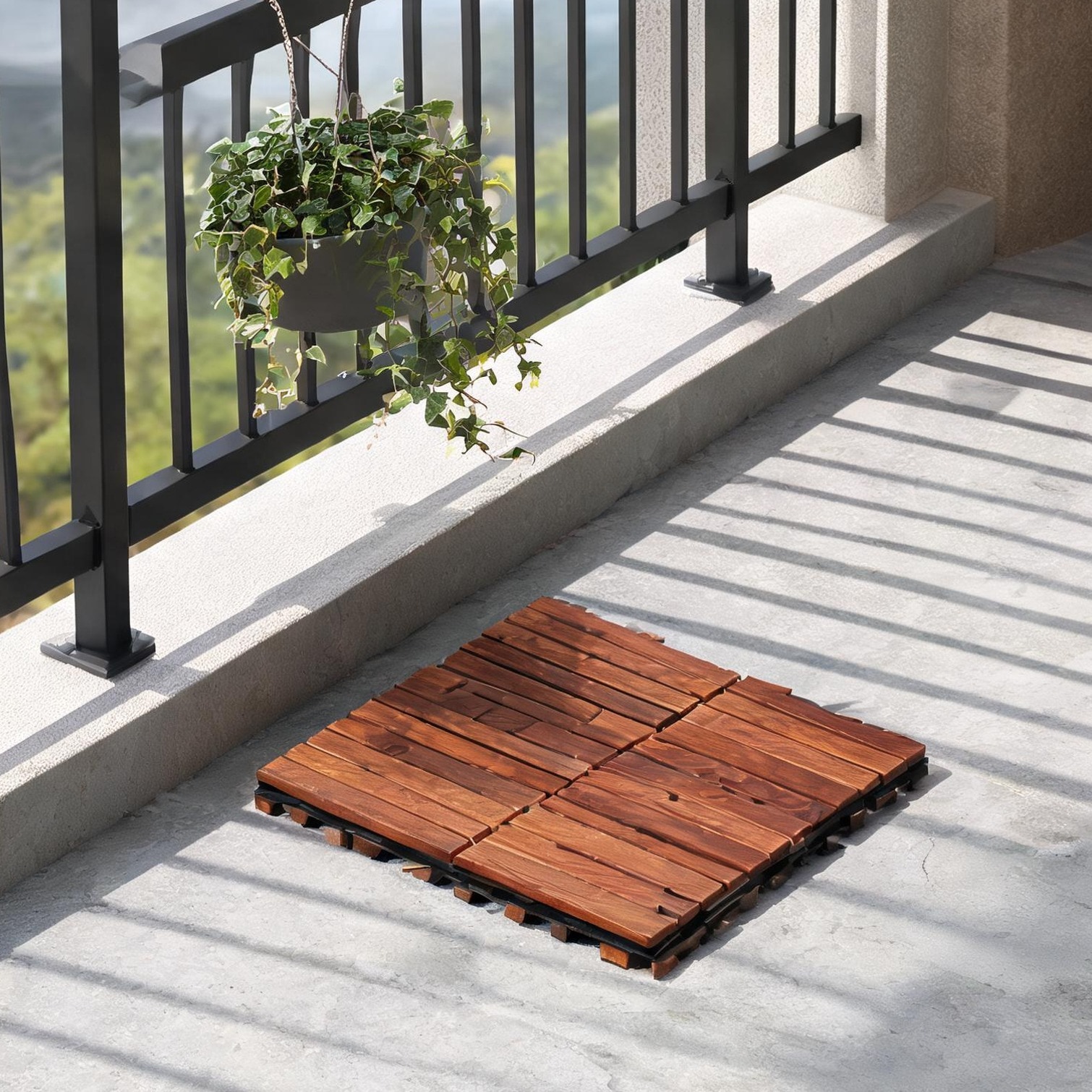 SunJet Snap-Together Interlocking Acacia Deck Tiles 12 x 12 Striped Pattern