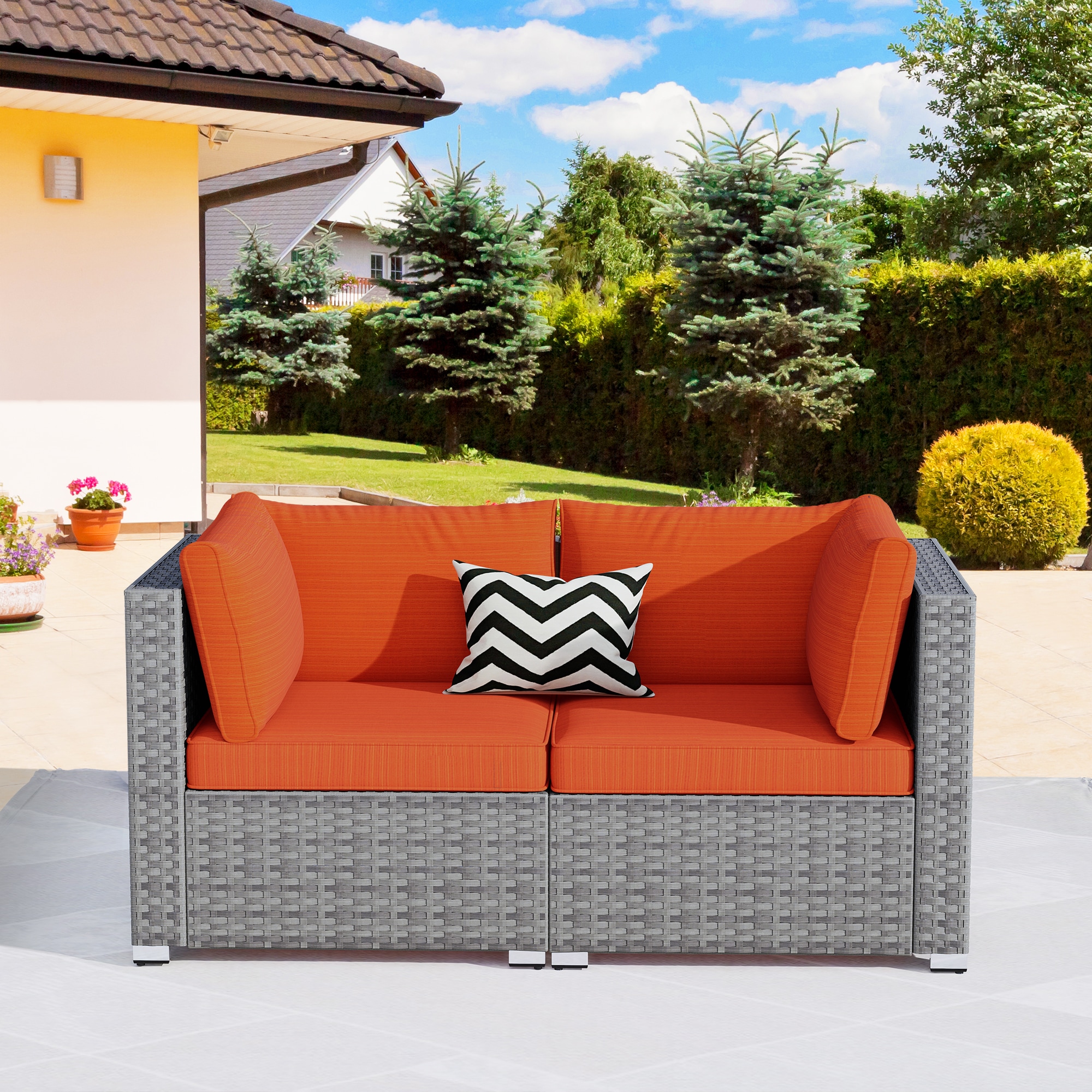 XIZZI RRS800-1 Sunrise Wicker Orange Red Cushion Metal Frame Stationary Balcony Chair with Orange Cushioned Seat